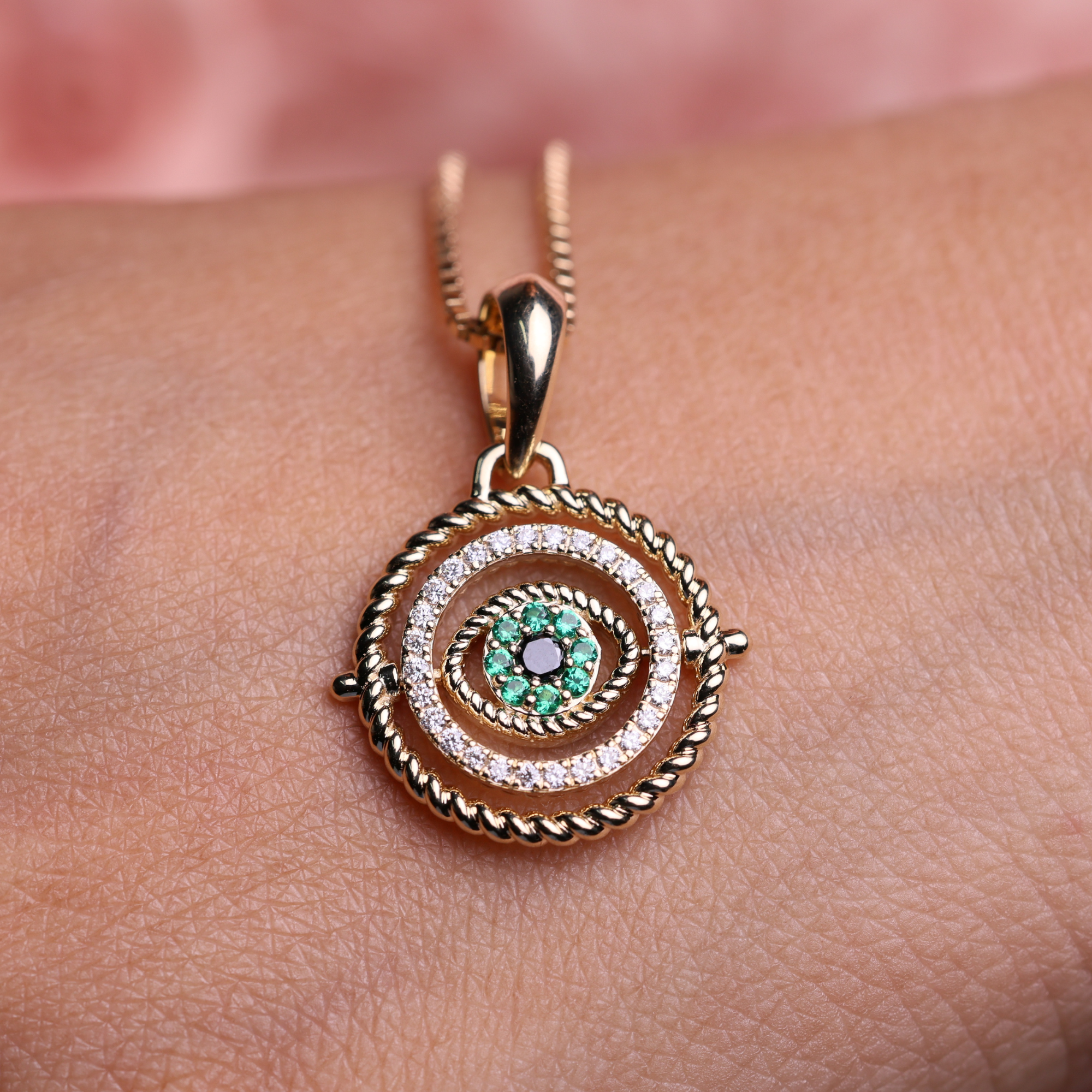 14K Solid Gold Sapphire and Diamond Set Evil Eye Charm Pendant