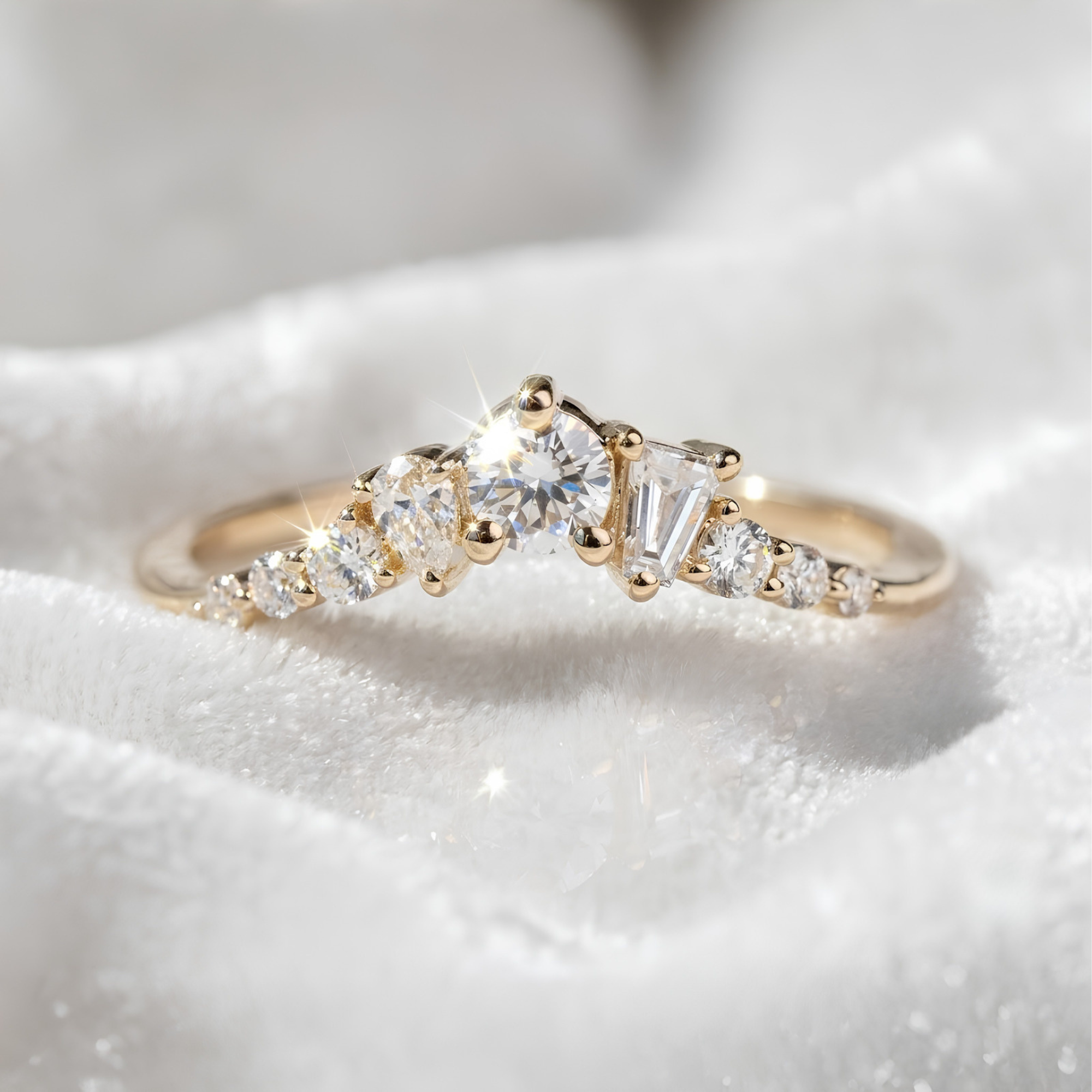 14K Gold Multi Shaped Lab Diamond Curved Wedding Band