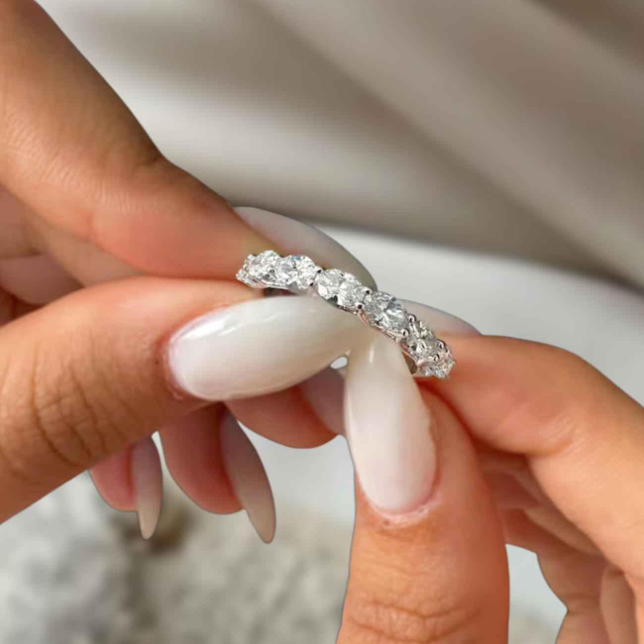 14K Gold Oval Cut Half Eternity Lab Diamond Wedding Band