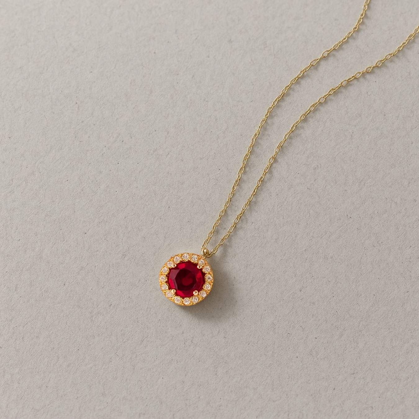14k Real Solid Gold Diamond Ruby Halo Necklace for Women