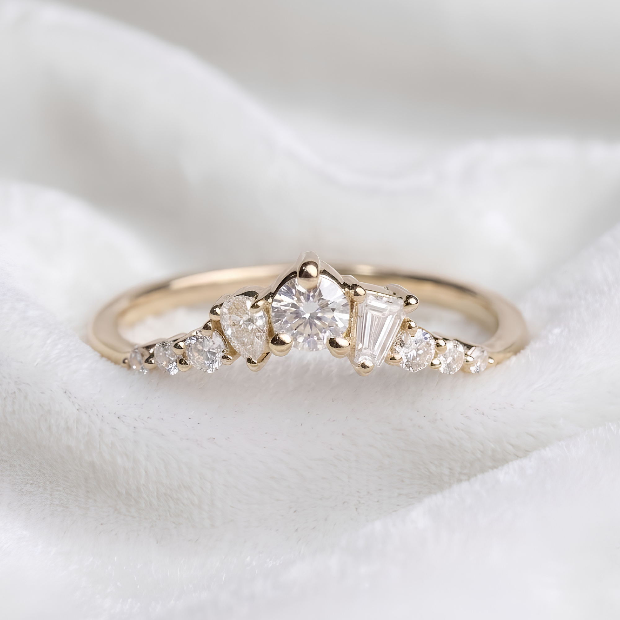 14K Gold Multi Shaped Lab Diamond Curved Wedding Band