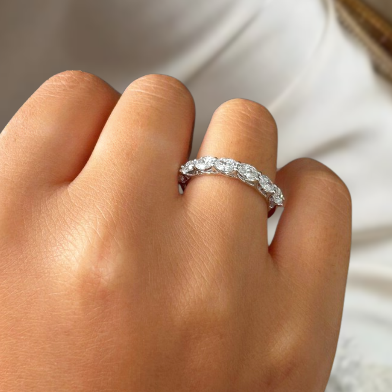 14K Gold Oval Cut Half Eternity Lab Diamond Wedding Band