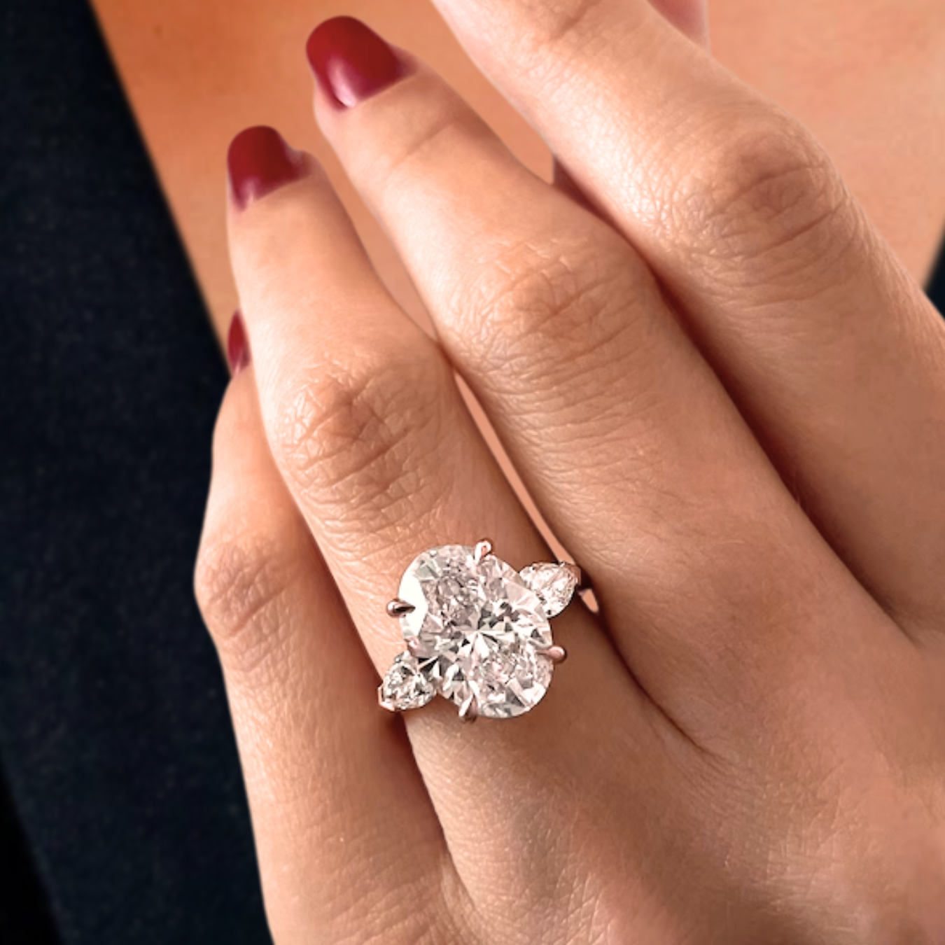 14K Gold 5 Carat Oval F VS1 Lab Grown Diamond Three Stone Engagement Ring