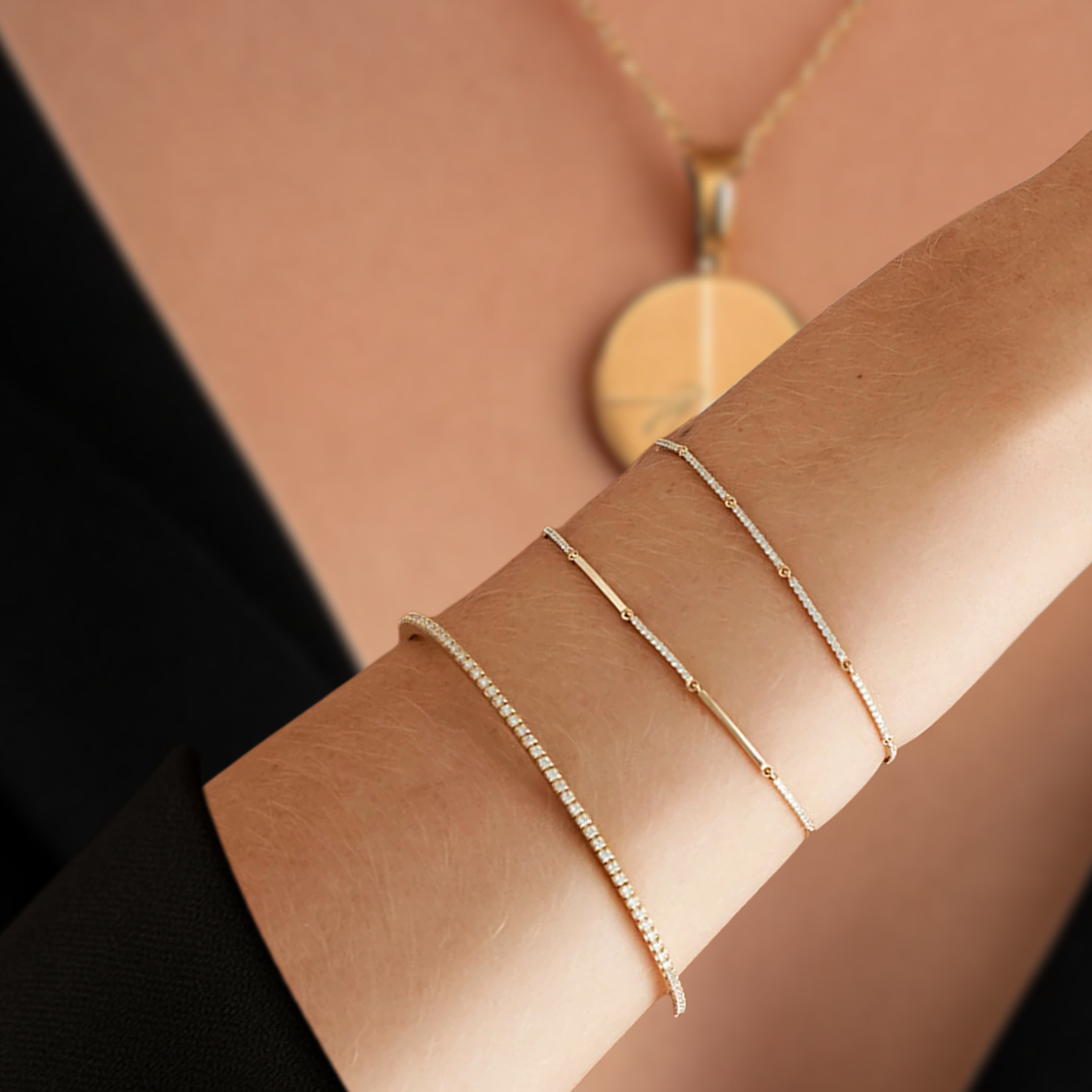 Solid Gold Pave Stackable Diamond Bar Bracelet