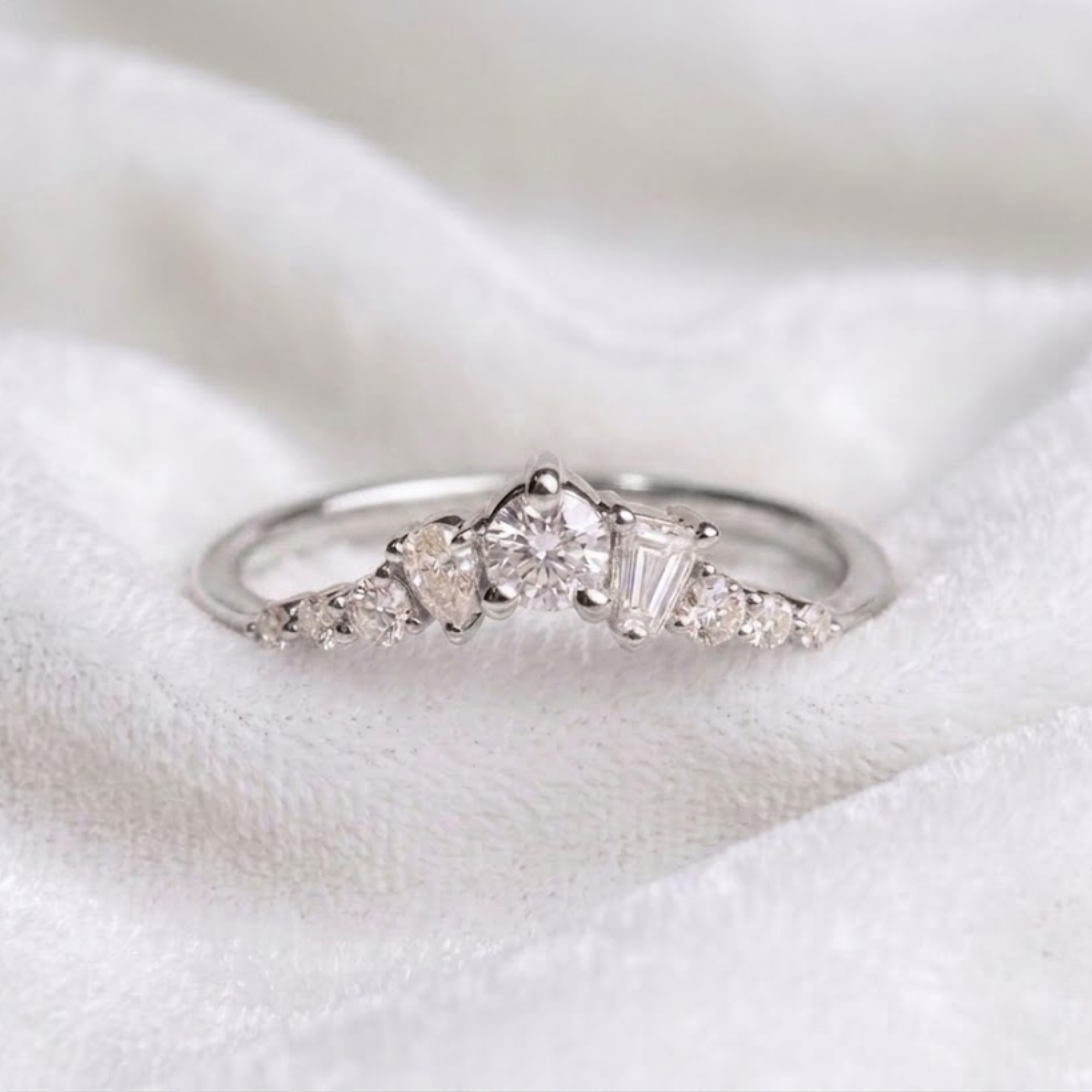 14K Gold Multi Shaped Lab Diamond Curved Wedding Band