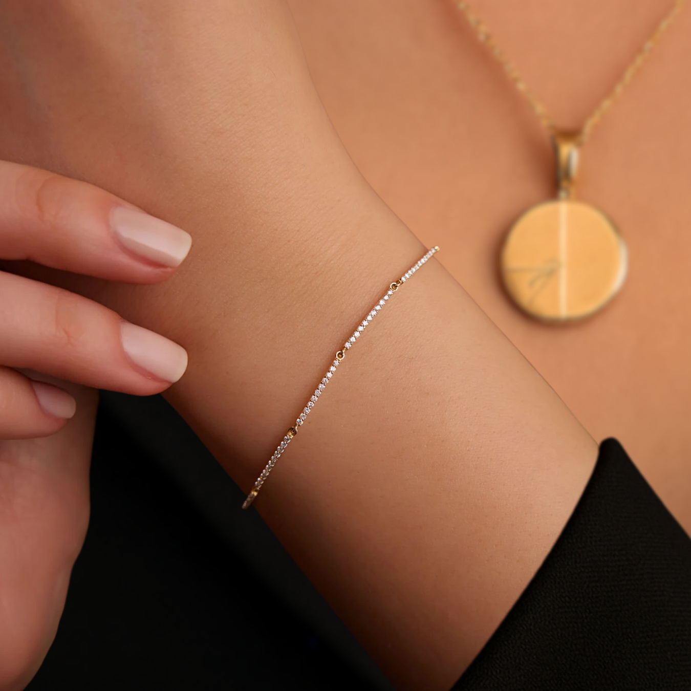 Solid Gold Pave Stackable Diamond Bar Bracelet