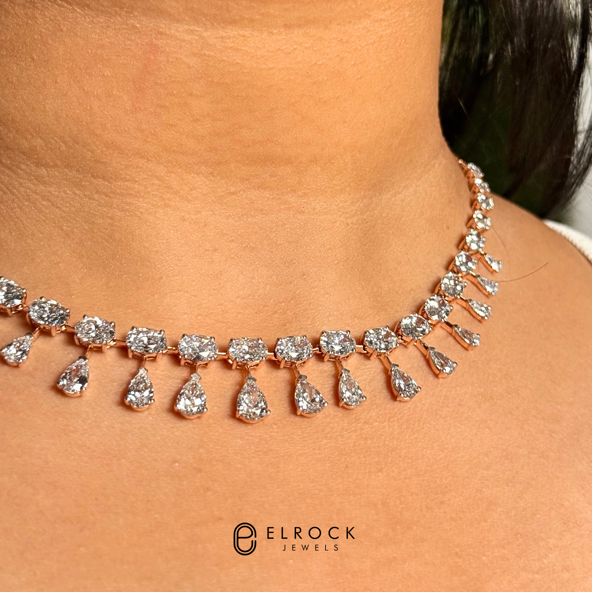 14K Solid Gold Pear & Oval Cut Diamond Tennis Necklace
