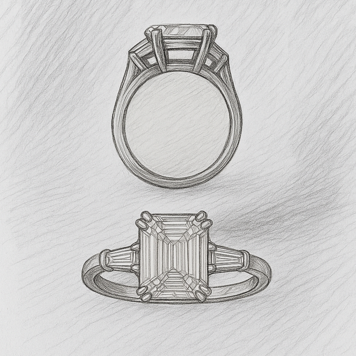 14K Emerald Cut Lab Grown Diamond Engagement Ring, Solid Gold Three Stone Ring