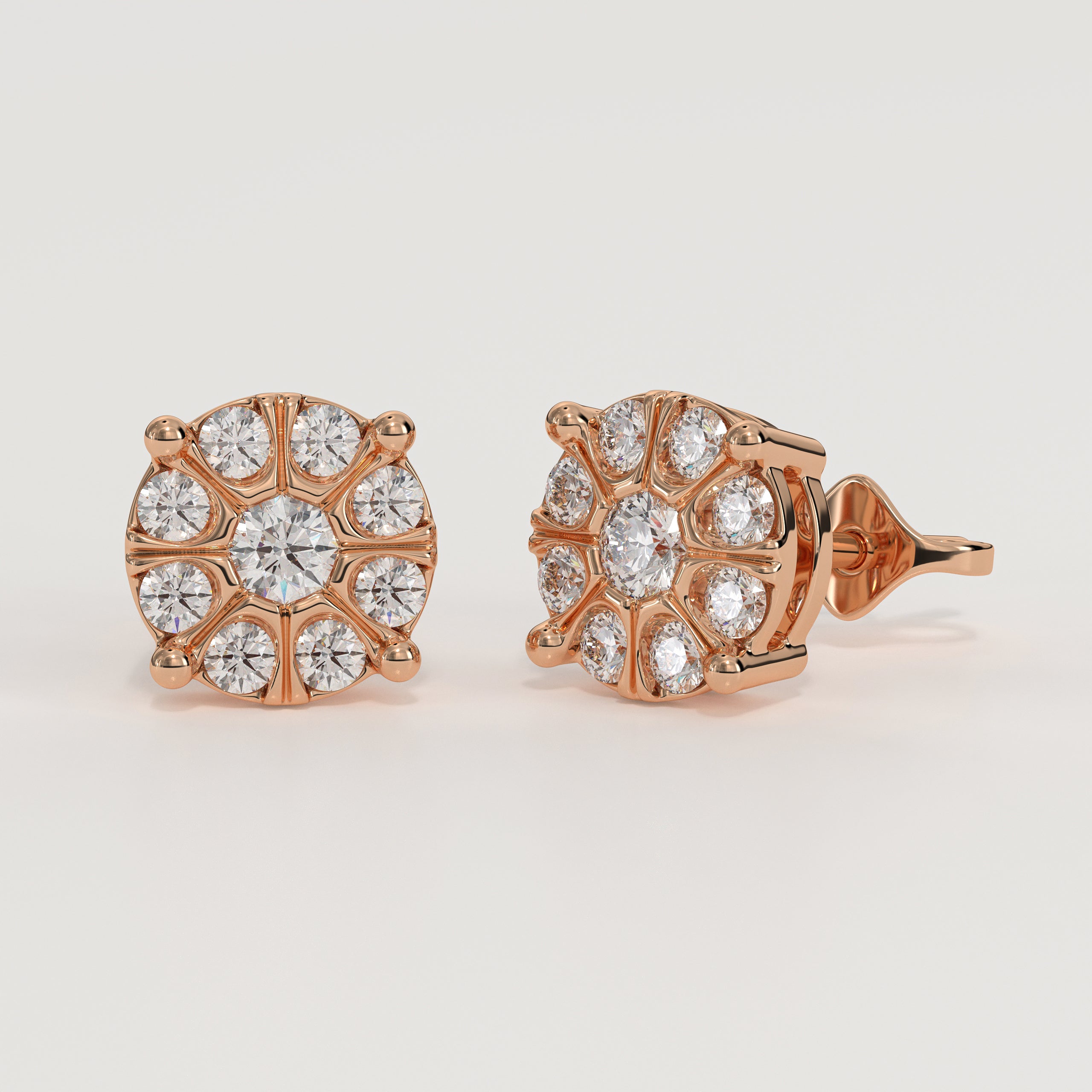 14K Solid Gold Round Cluster Diamond Stud Earrings