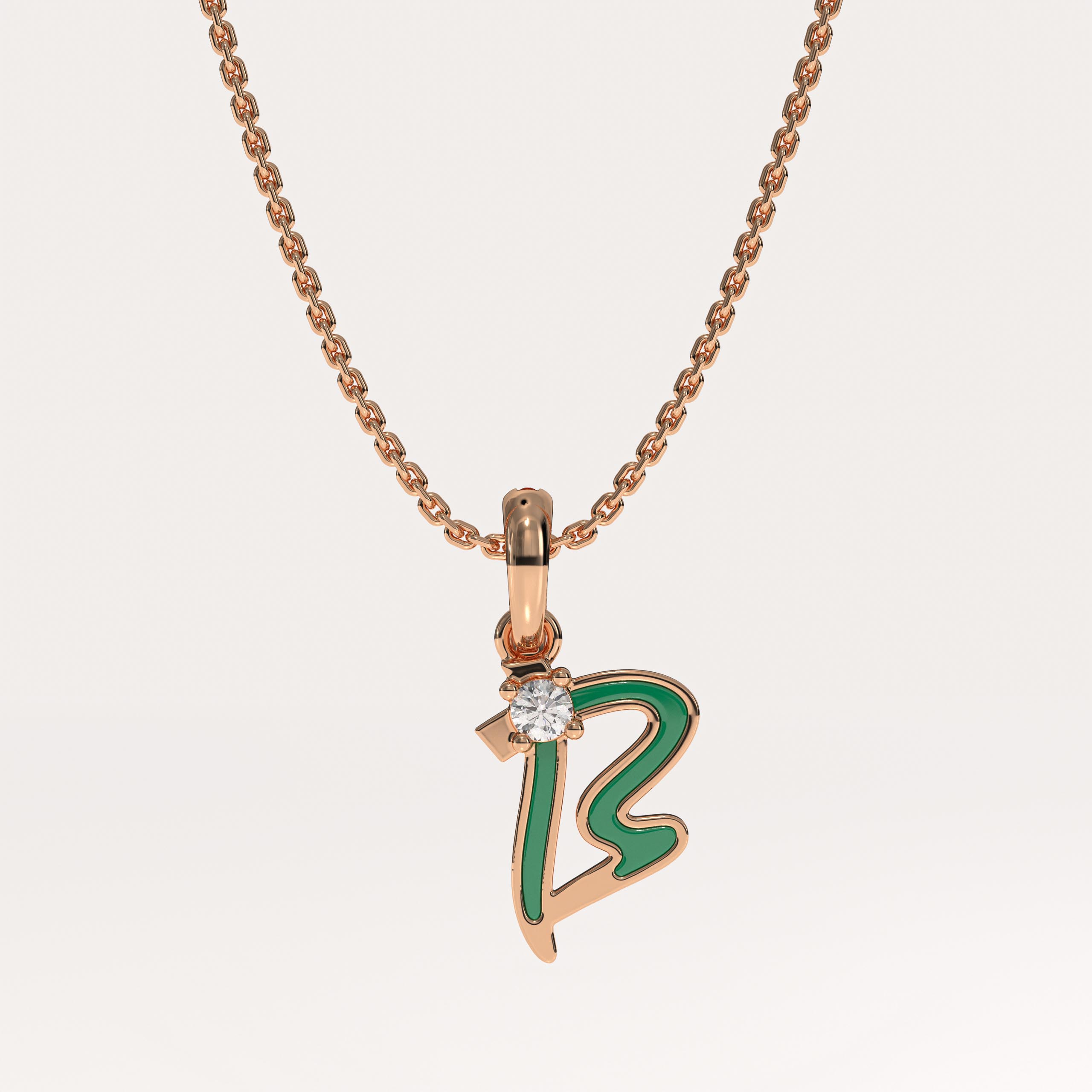 Green Enamel Letter Charms, "B" Diamond Letter Pendant