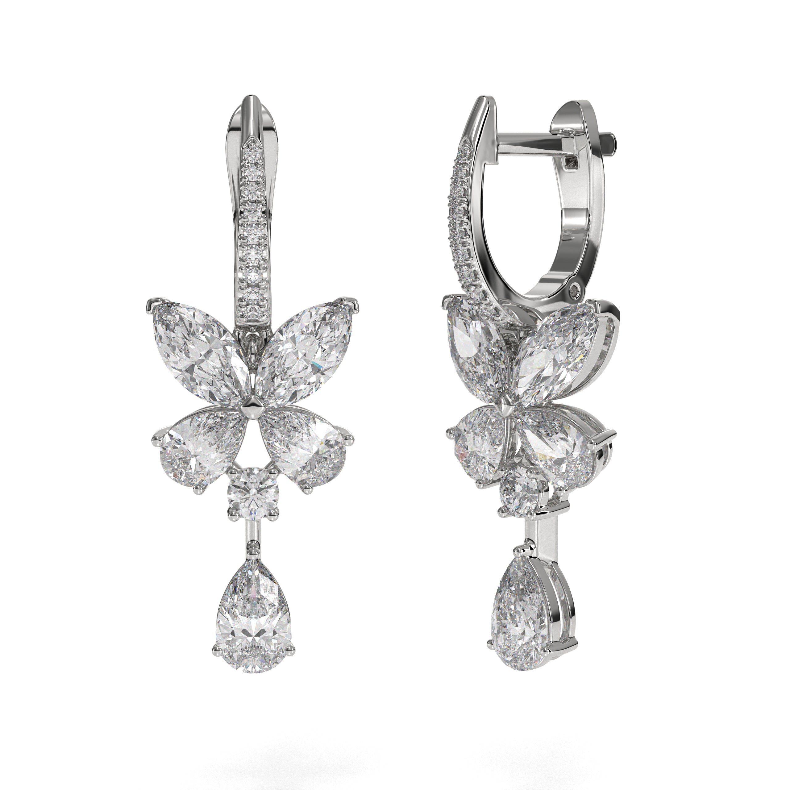 Marquise Pear and Round Diamond 14K Gold Butterfly Earrings