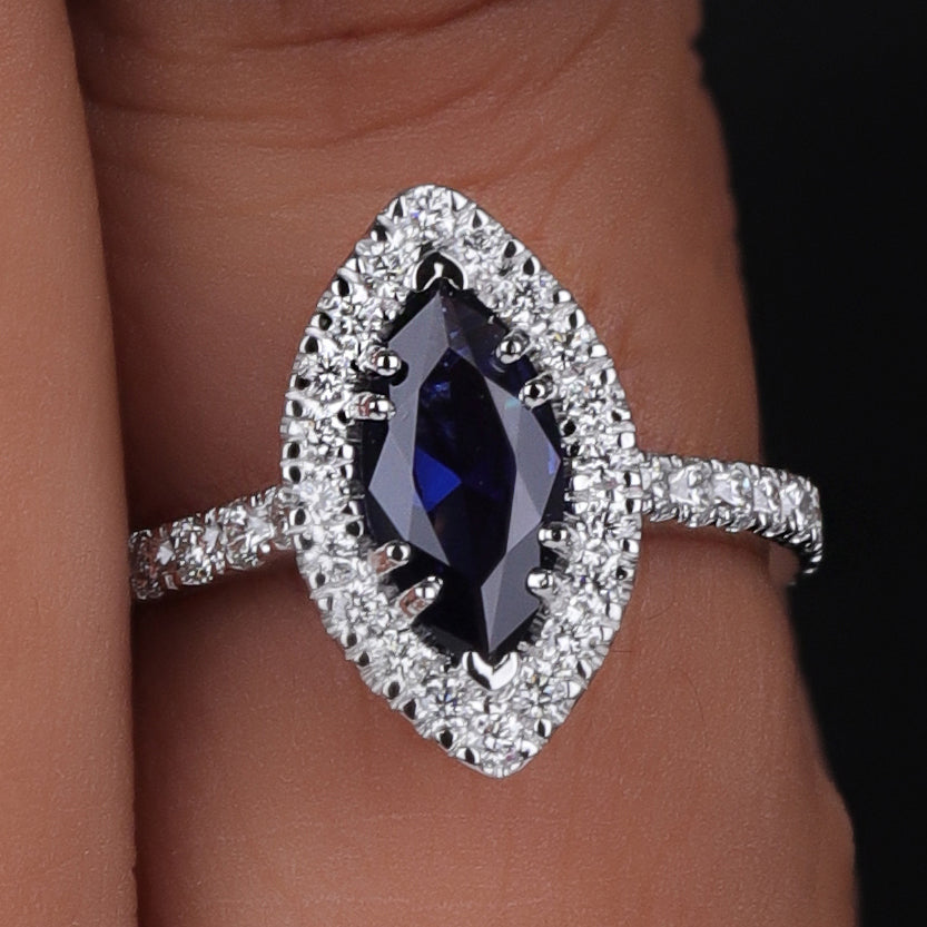 14K White Gold Halo Marquise Blue Sapphire Engagement Promise Statement Ring.