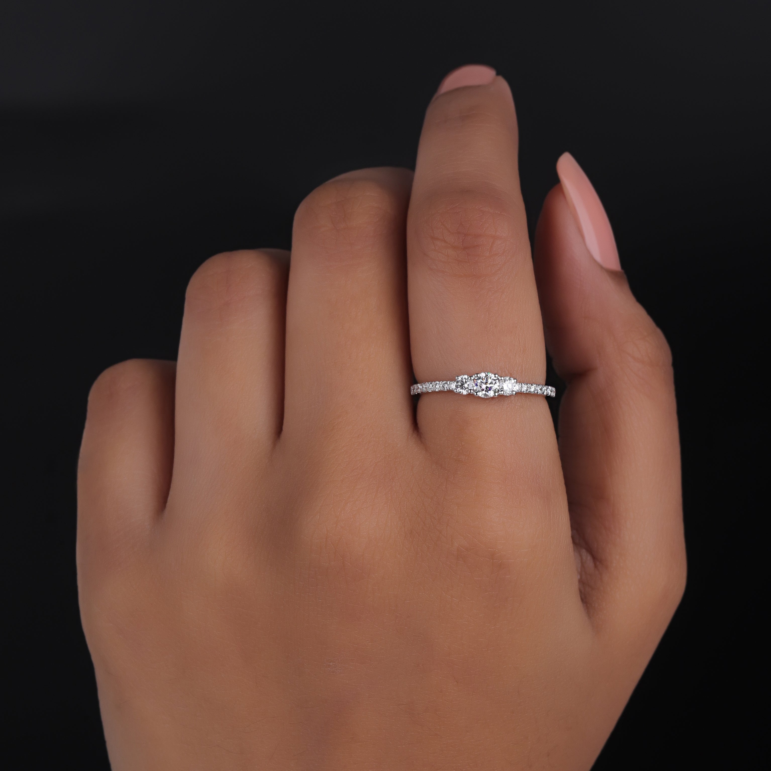 14K Gold 3 Stone Round Cut Pave Set Engagement Ring