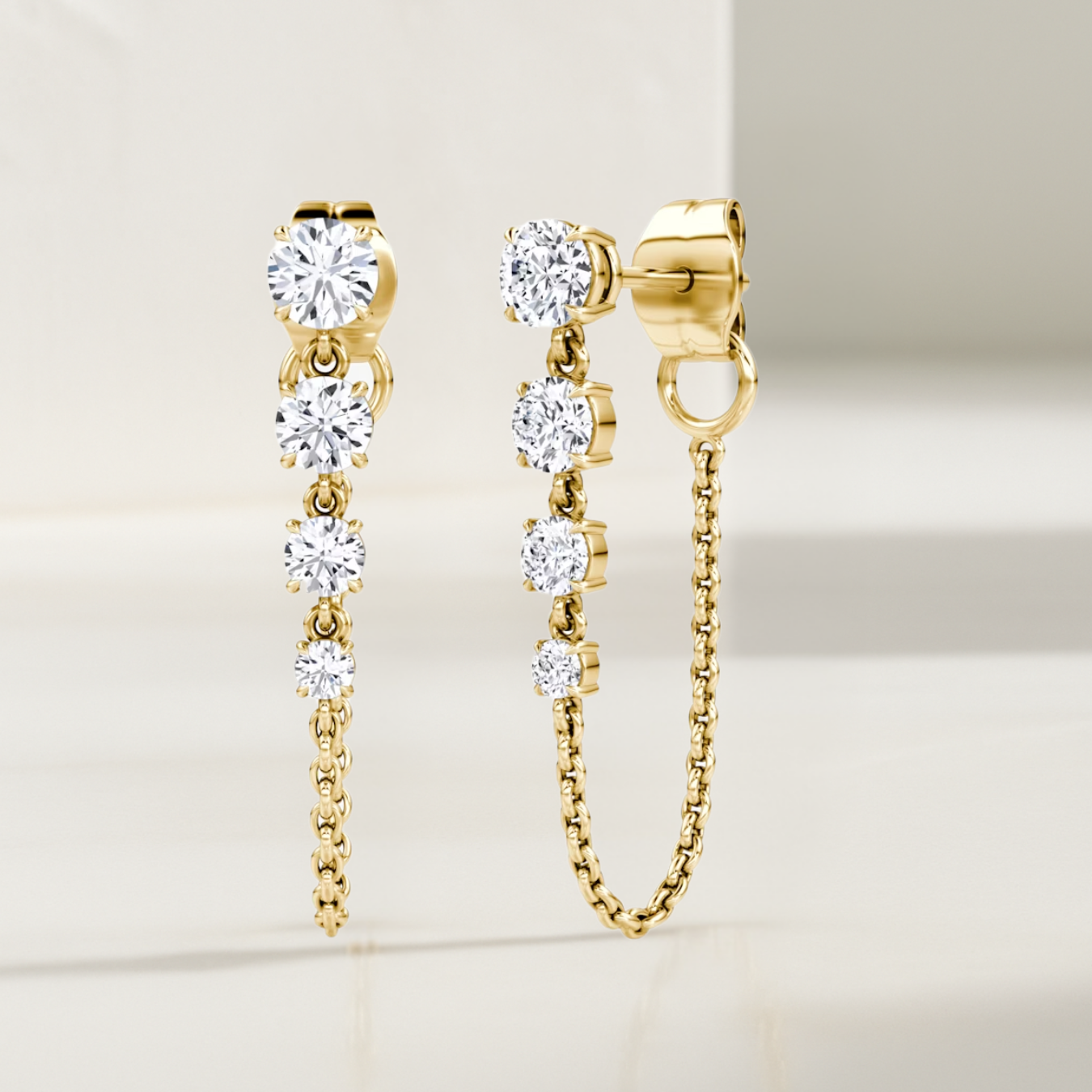 14k Gold Prong Setting Diamond Studs Chain Earrings