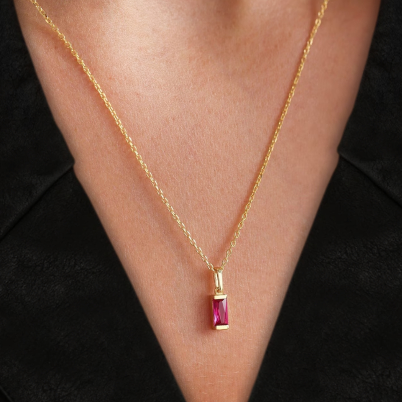 Ruby Baguette Necklace, Solid Gold Ruby Pendant