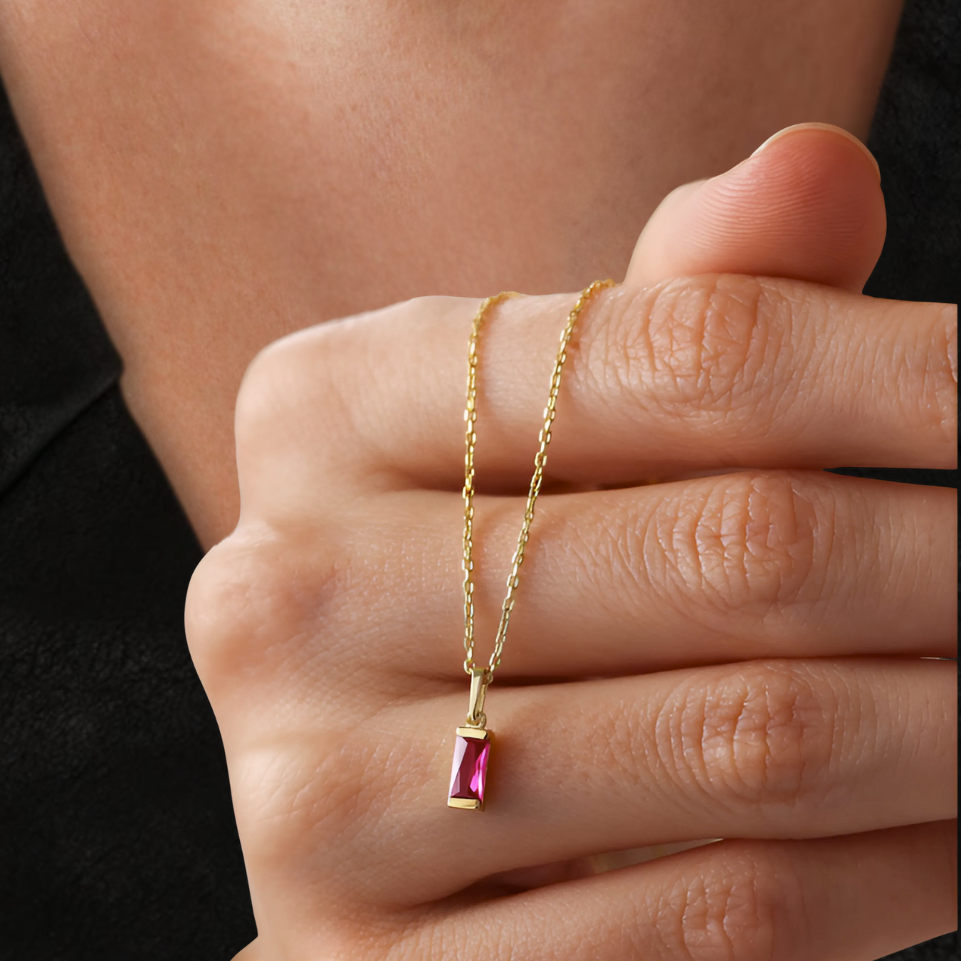 Ruby Baguette Necklace, Solid Gold Ruby Pendant