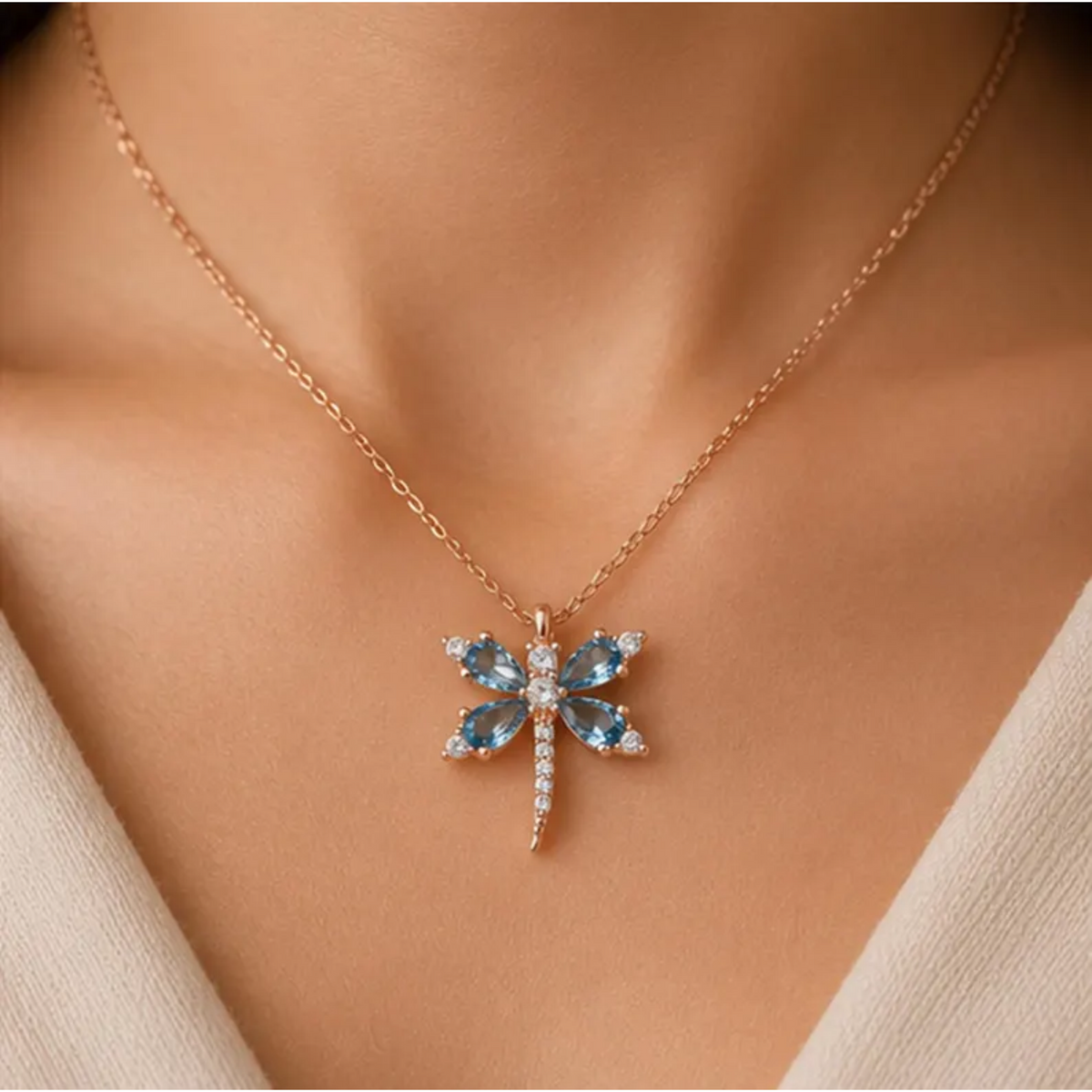 Blue Gemstone Dragonfly Diamond Necklace