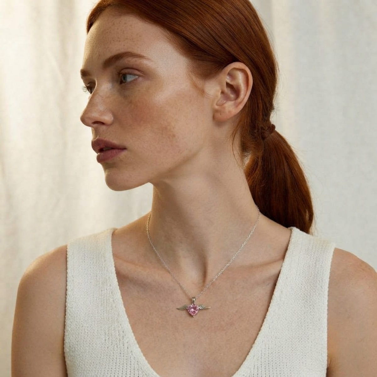 Pink Heart Angel Wing Necklace