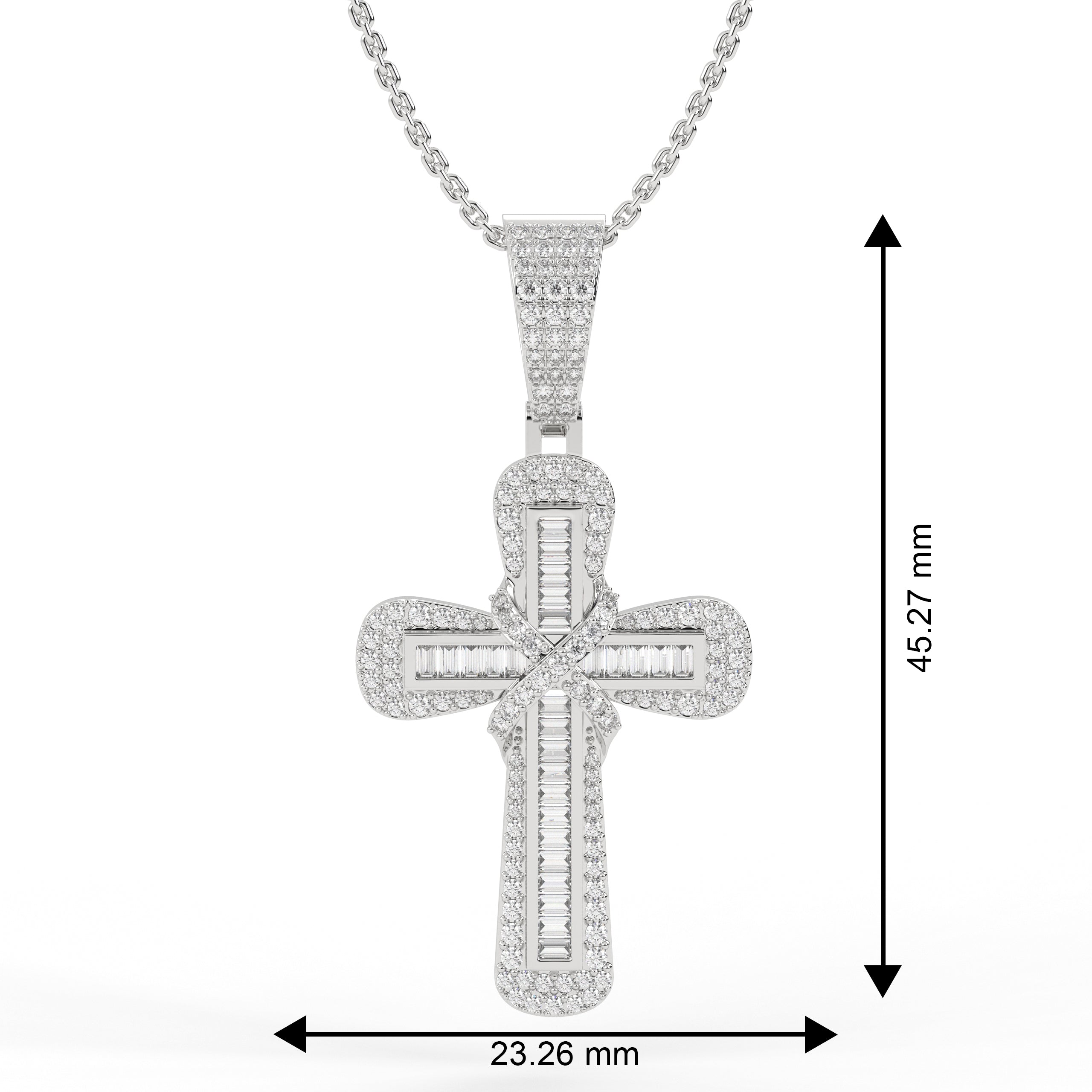 Lab Created Diamond Cross Pendant / Iced Out Baguette Round Cut Illusion Set Necklace,14k Solid Gold
