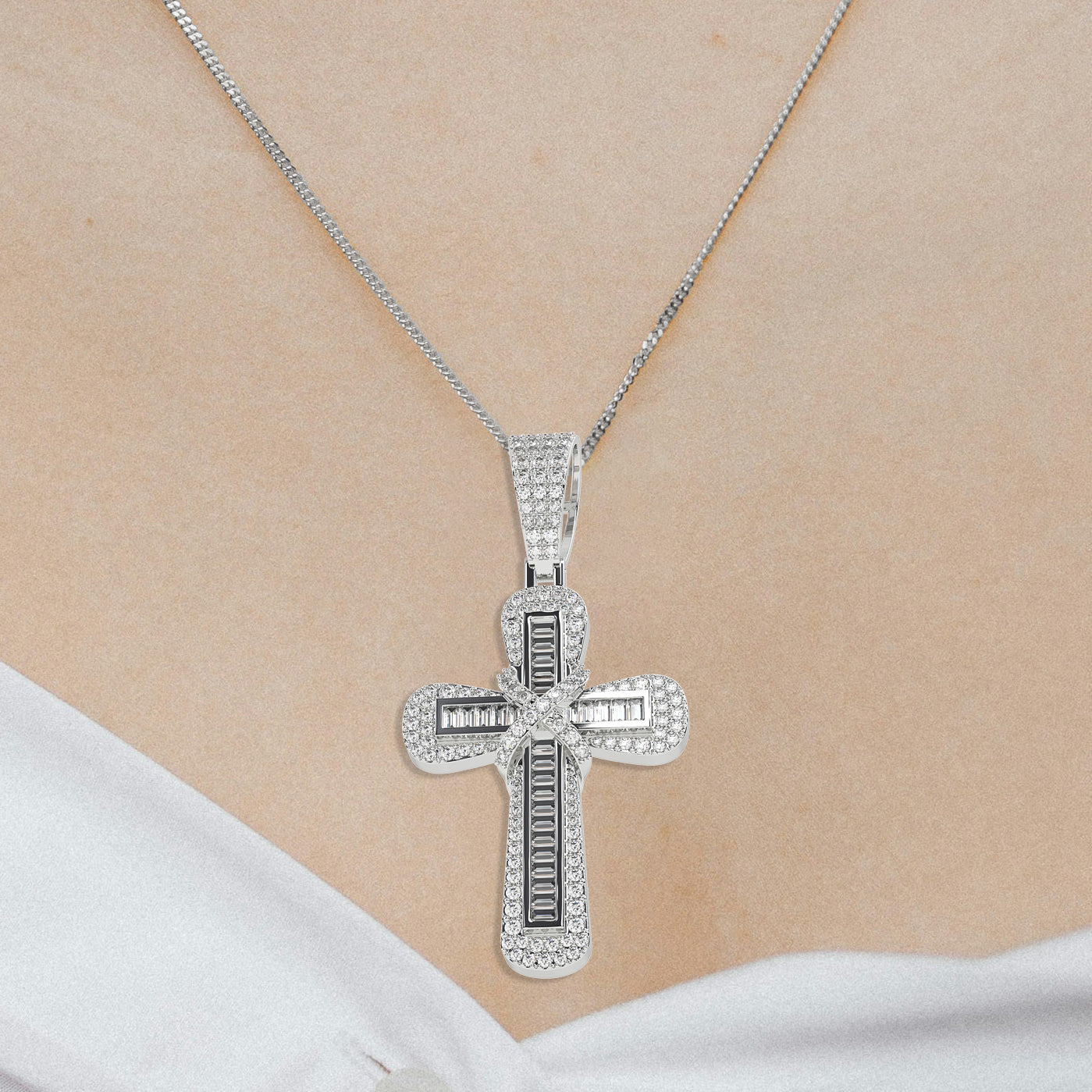 Lab Created Diamond Cross Pendant / Iced Out Baguette Round Cut Illusion Set Necklace,14k Solid Gold