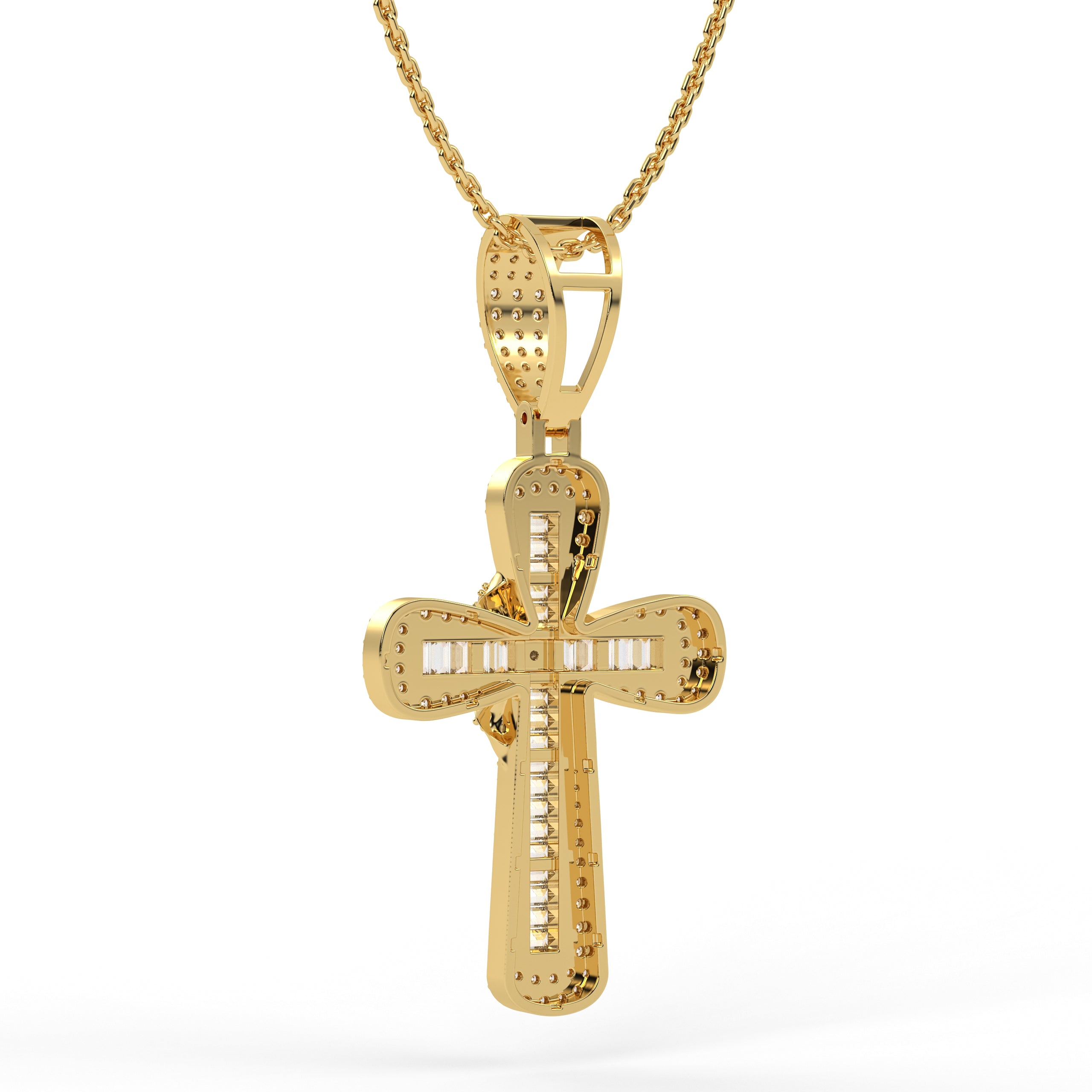 Lab Created Diamond Cross Pendant / Iced Out Baguette Round Cut Illusion Set Necklace,14k Solid Gold