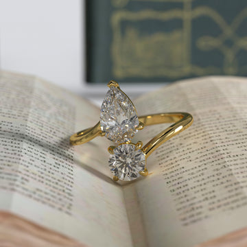 Toi Et Moi Engagement Ring, 14K Gold Pear & Round Cut Lab Grown Diamond Anniversary Gift Ring