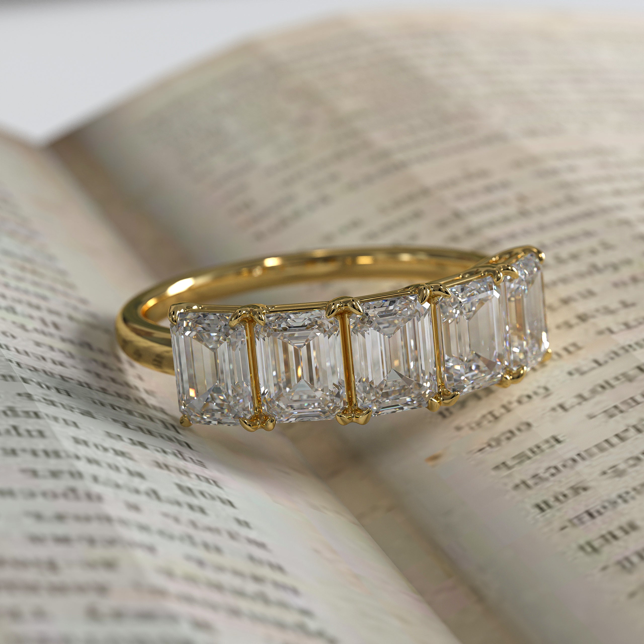 14k Gold Five Emerald Cut Wedding Ring