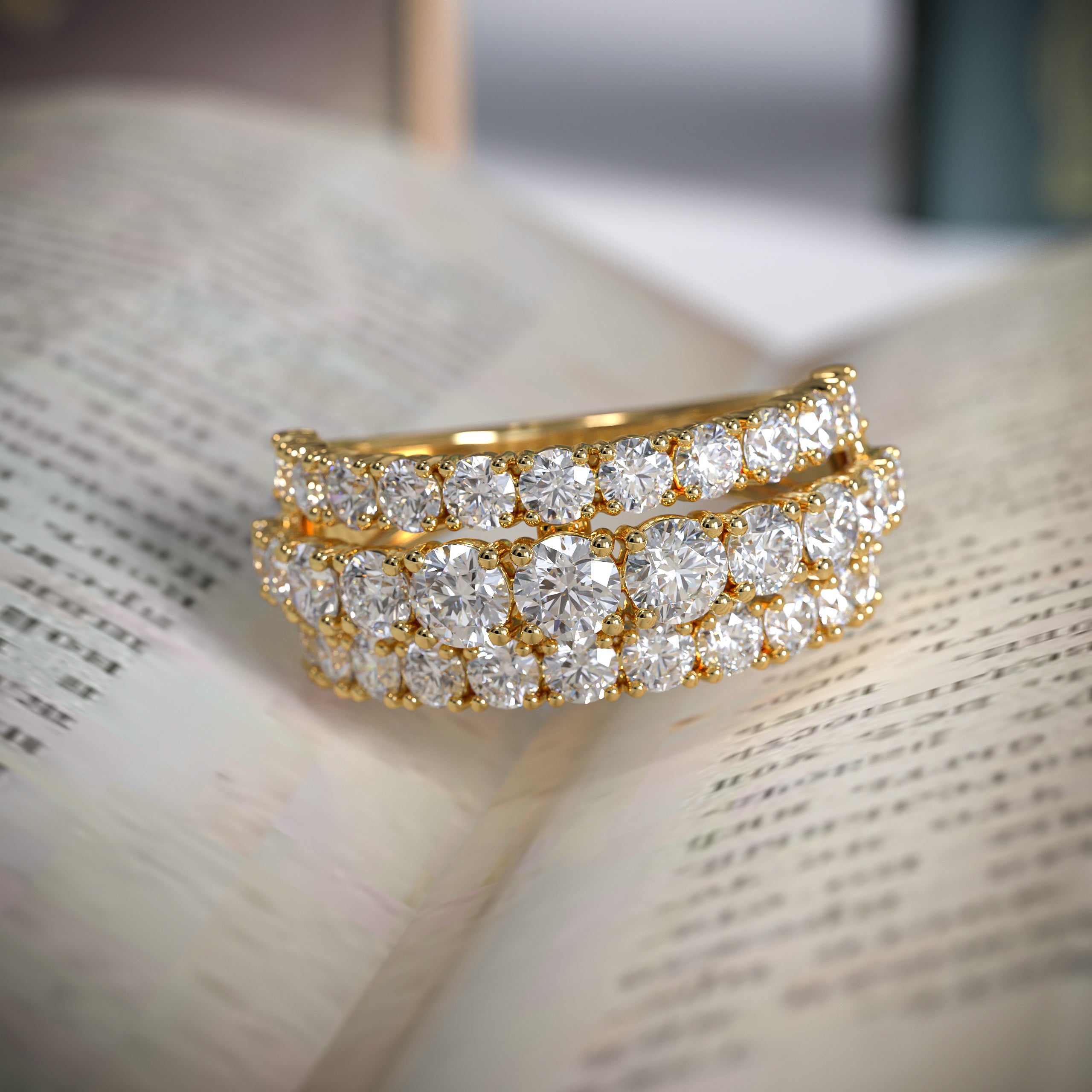 14K Gold White Half Eternity Three Row Wide Wedding Band