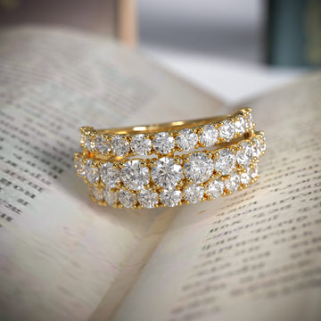 White Half Eternity Wedding Band, Three Row Wide, Unique 3 Side Diamond Band