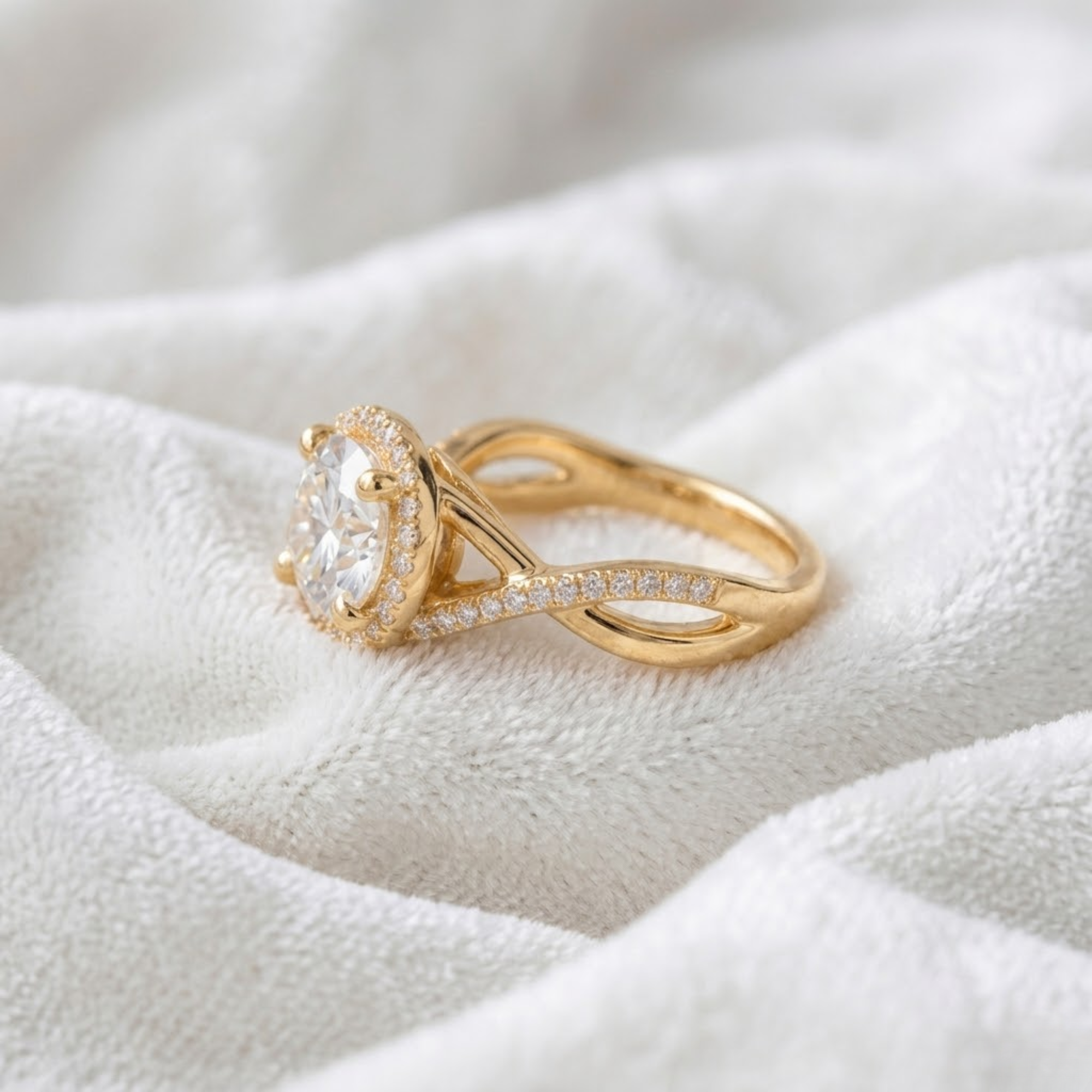 Round Diamond Halo Engagement Ring, Infinity Twist Ring in 14K Solid Gold
