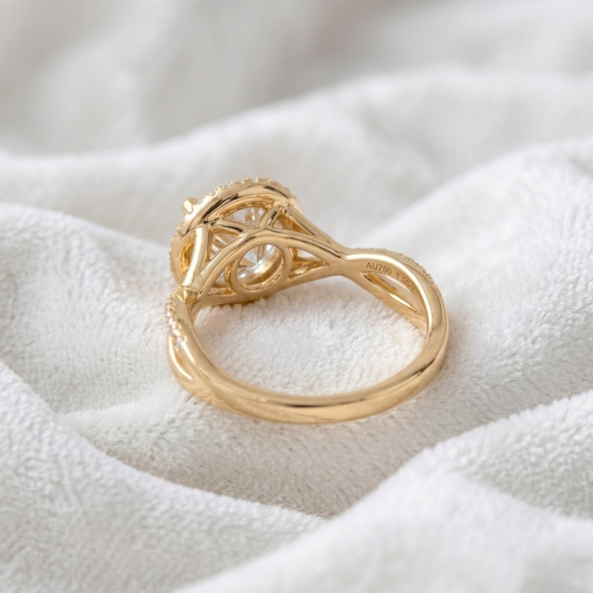 Round Diamond Halo Engagement Ring, Infinity Twist Ring in 14K Solid Gold