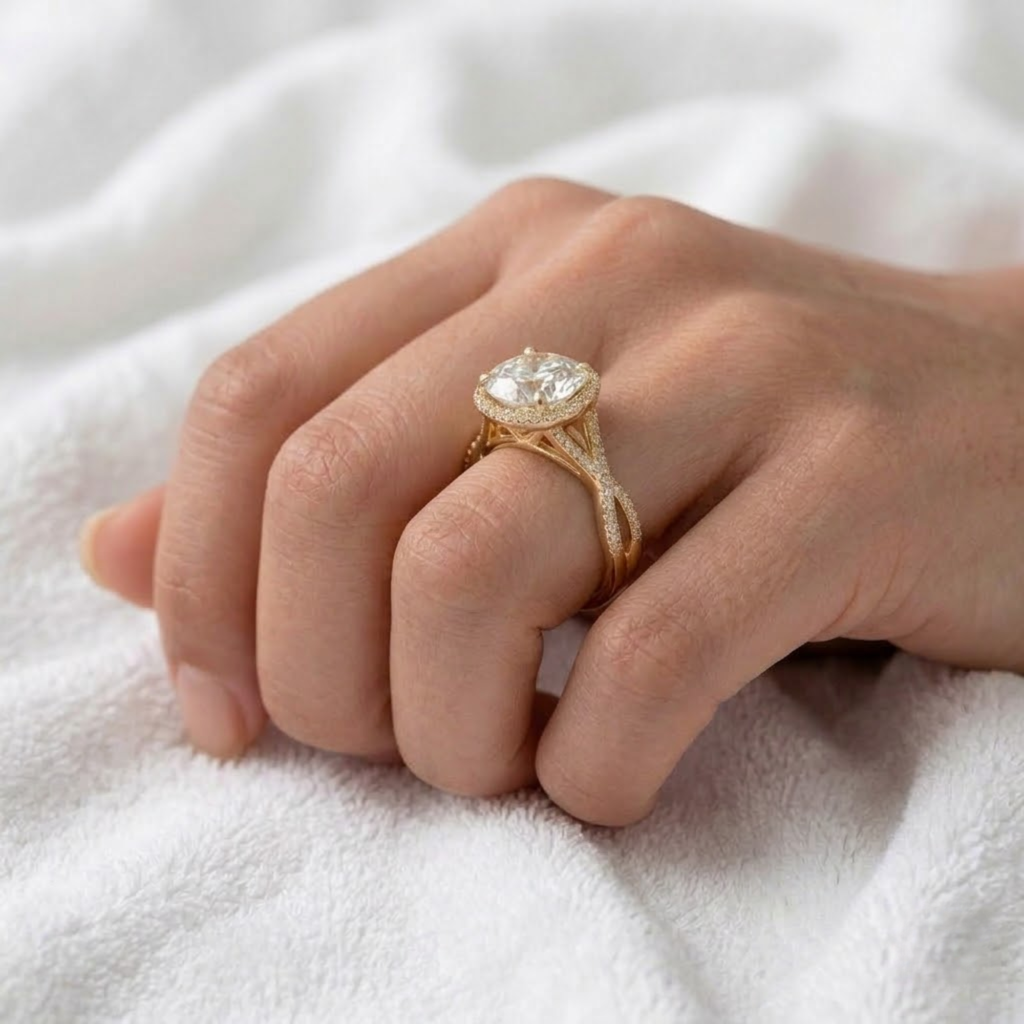 Round Diamond Halo Engagement Ring, Infinity Twist Ring in 14K Solid Gold