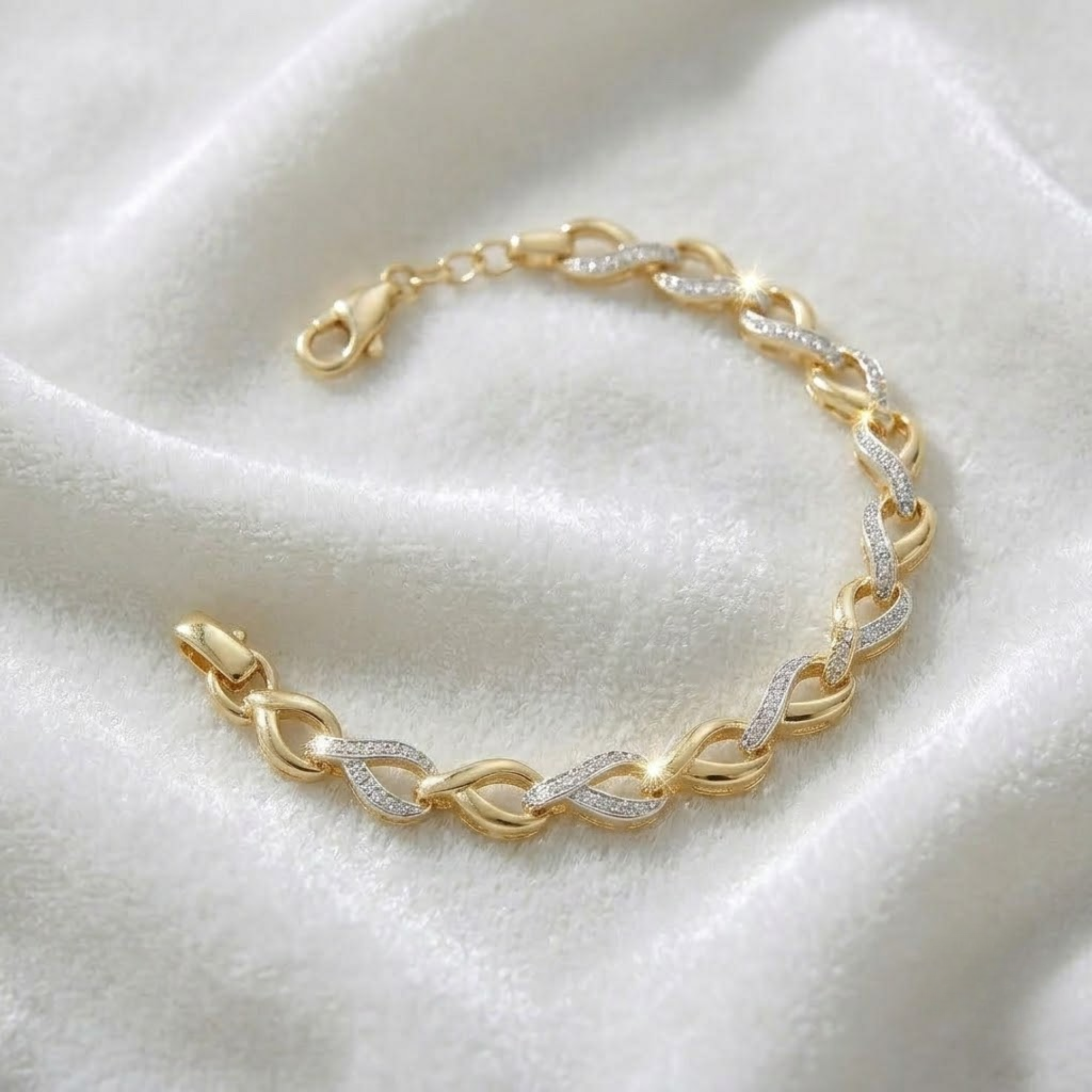 Diamond Infinity Link Bracelet, 14K Solid Gold Chain Bracelet with Pave Diamonds