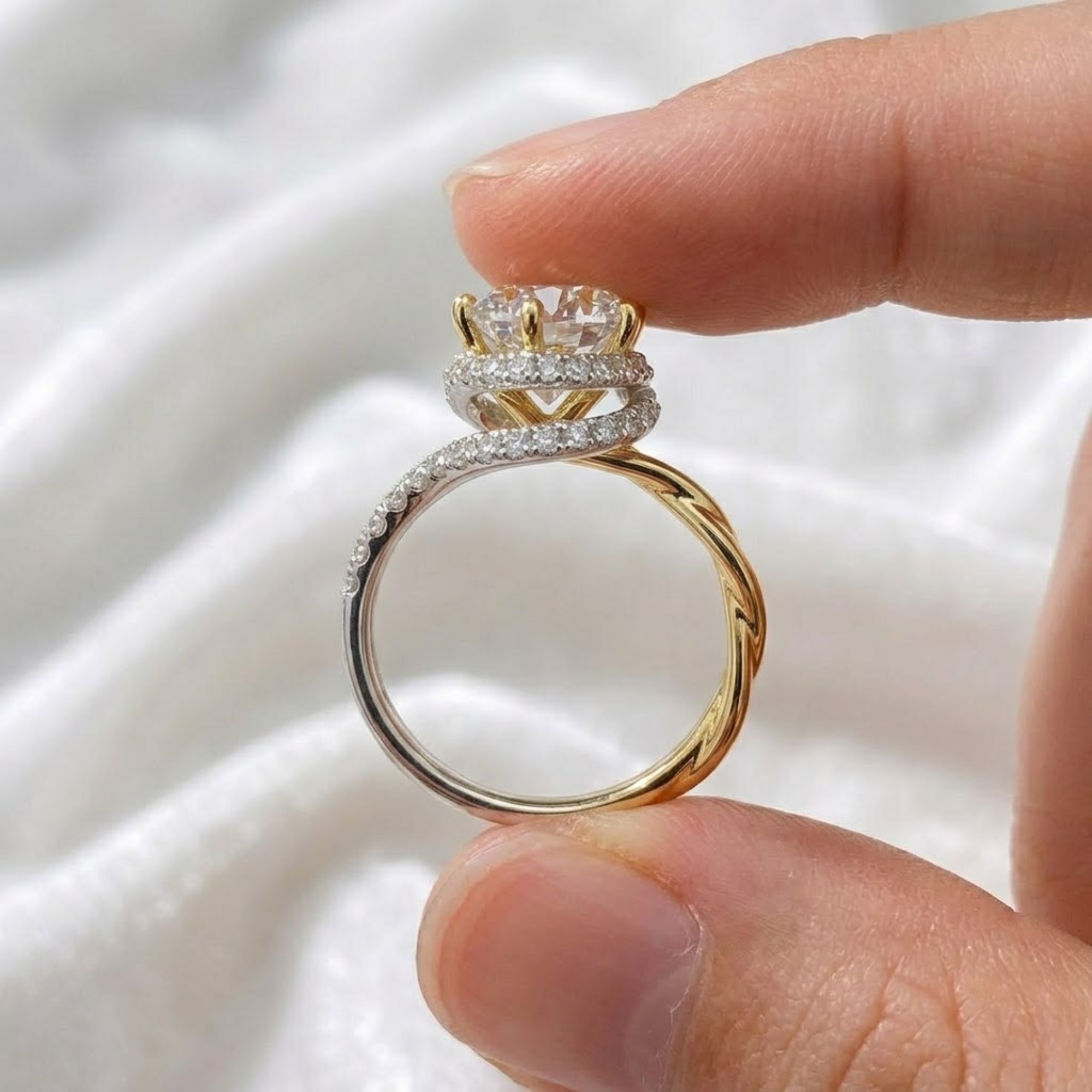 Round Cut Diamond Hidden Halo Twist Engagement Ring