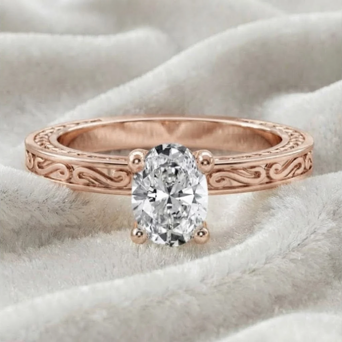 14K Art Déco Filigran Oval Laborgezüchteter Solitärring