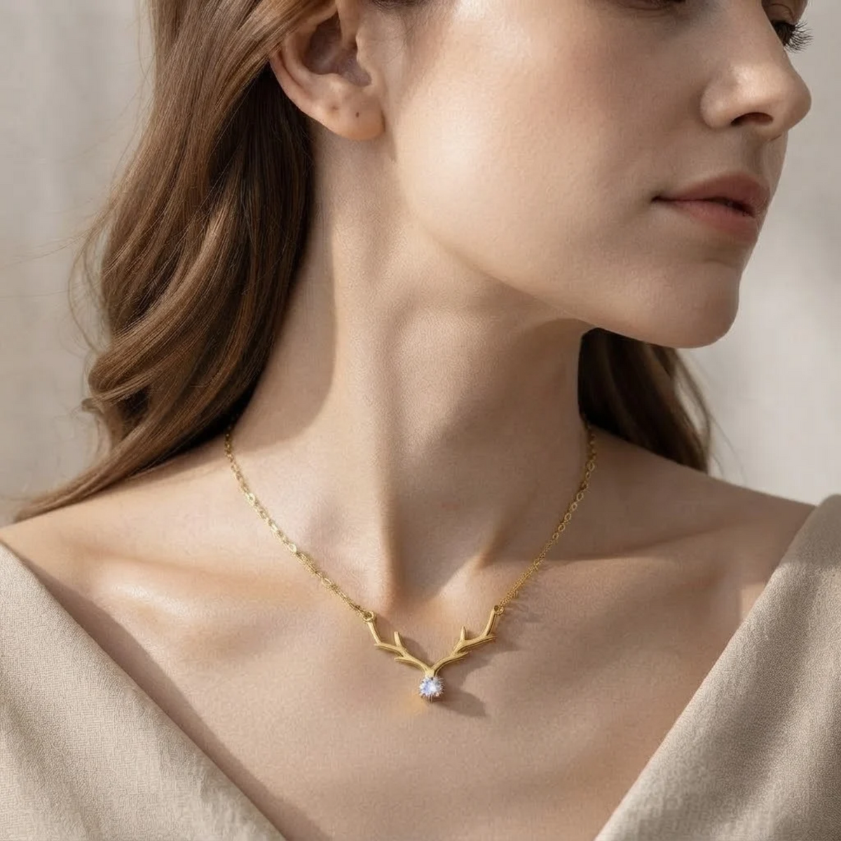 Diamond Deer Antler Pendant Necklace