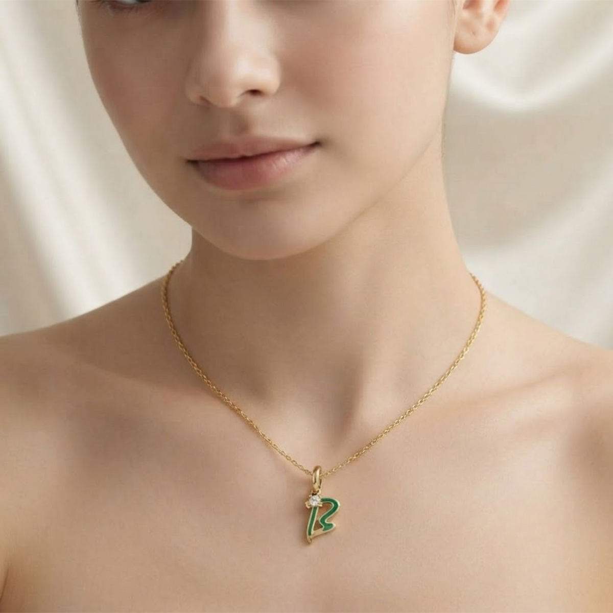 Green Enamel Letter Charms, "B" Diamond Letter Pendant