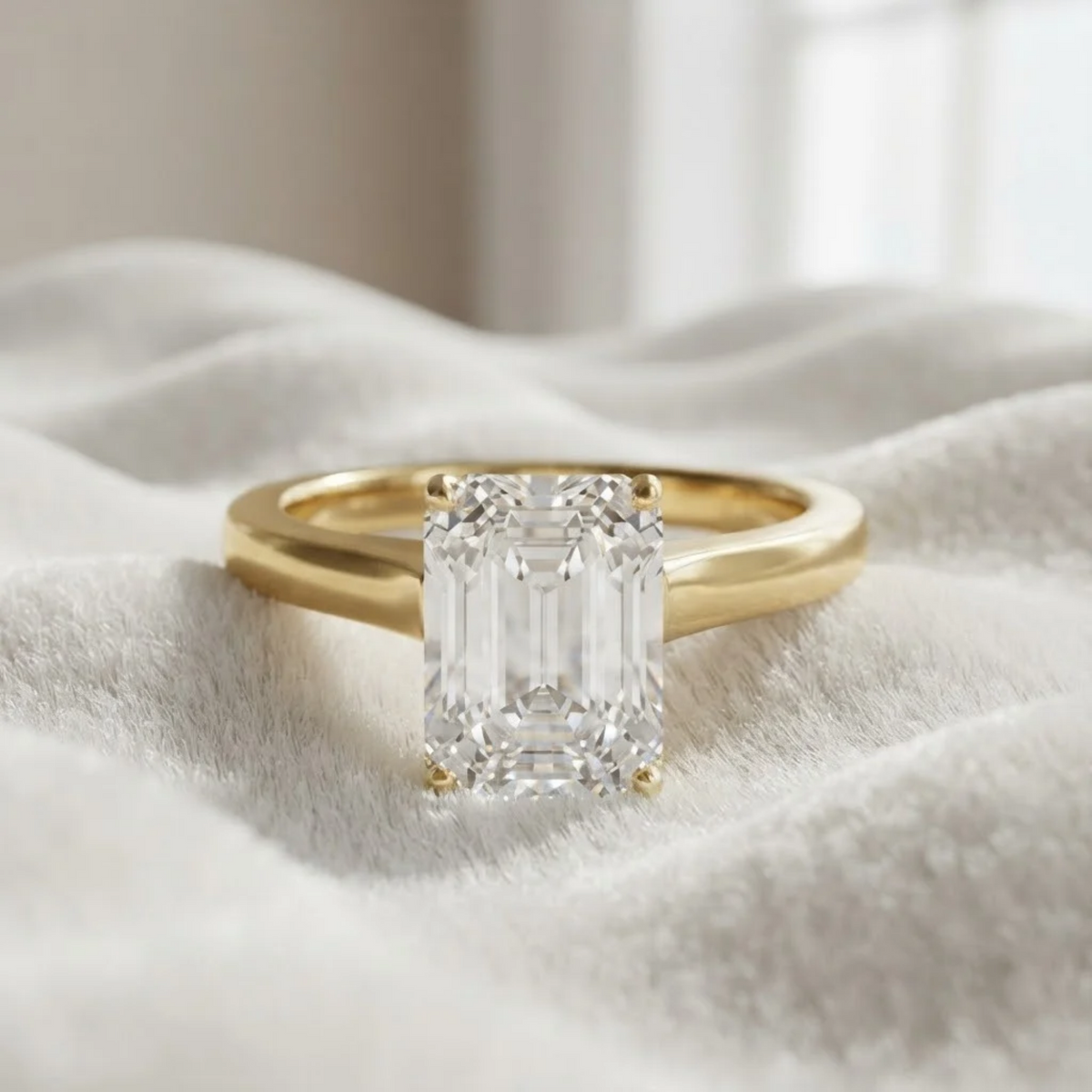Emerald Cut Lab Grown Diamond Tulip Setting Wedding Ring