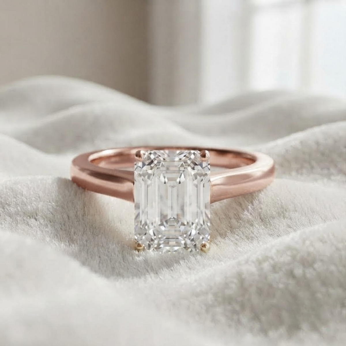 Emerald Cut Lab Grown Diamond Tulip Setting Wedding Ring