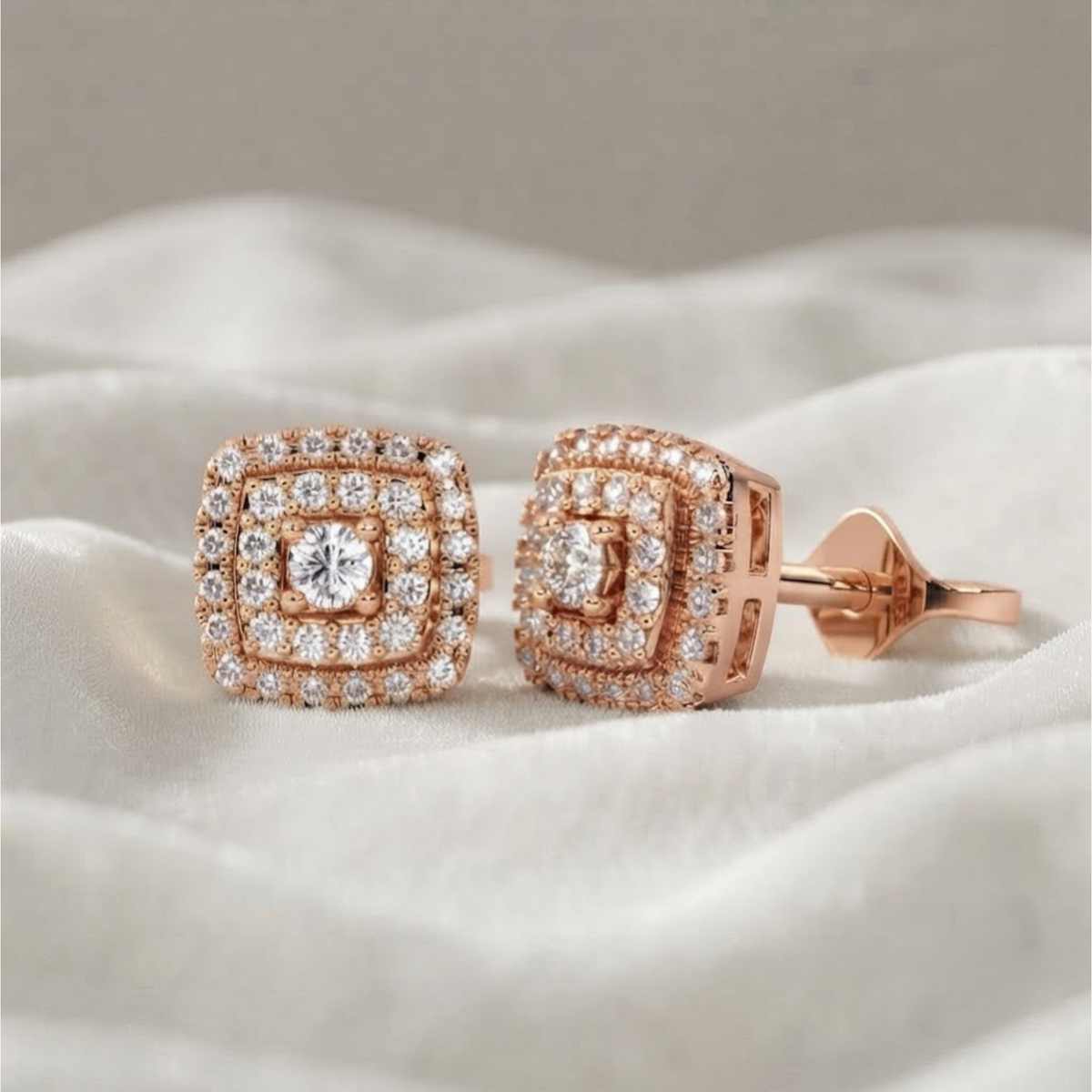 Double Halo Diamond Stud Round Diamond Earrings