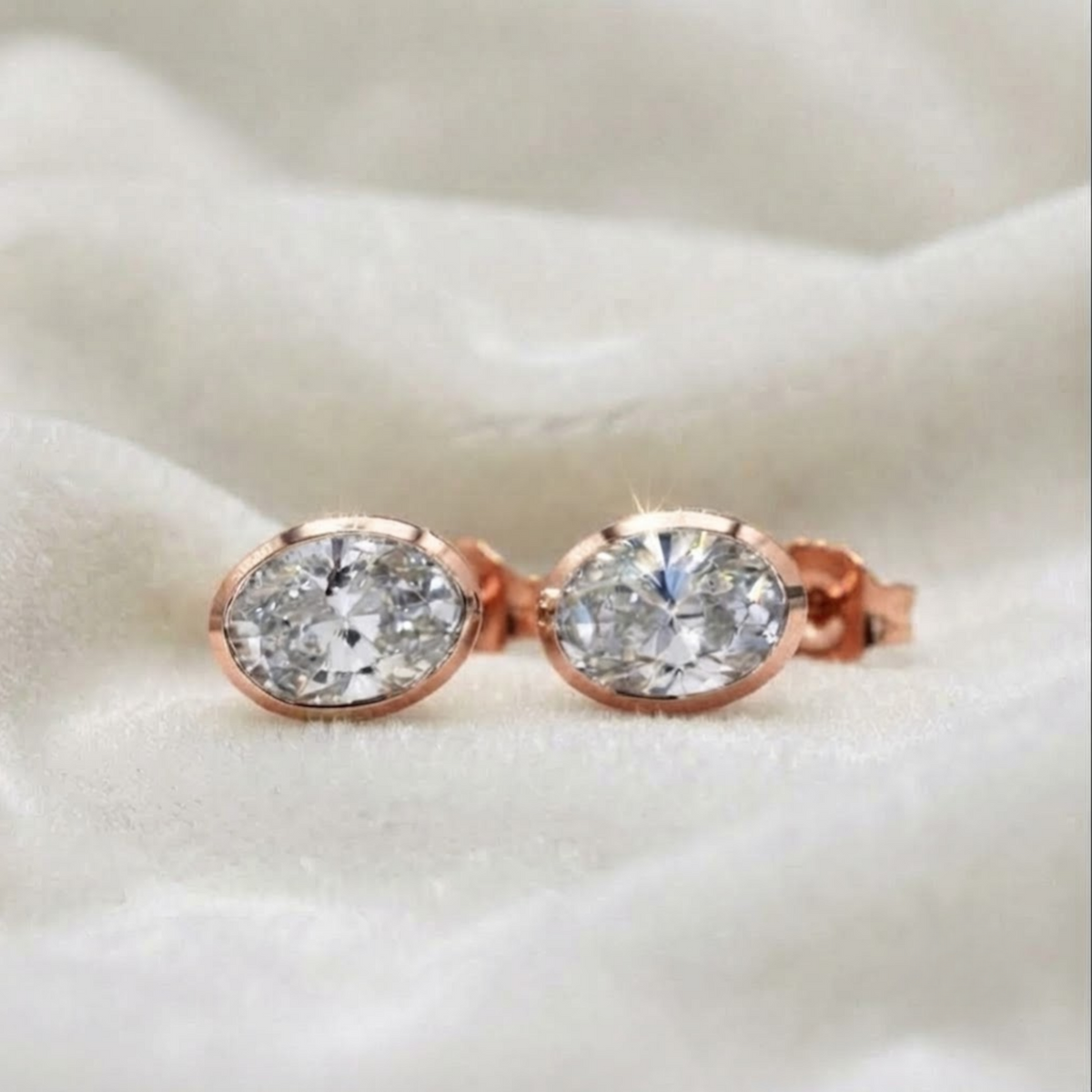 Handcrafted Bezel Set Oval Diamond Studs Earrings