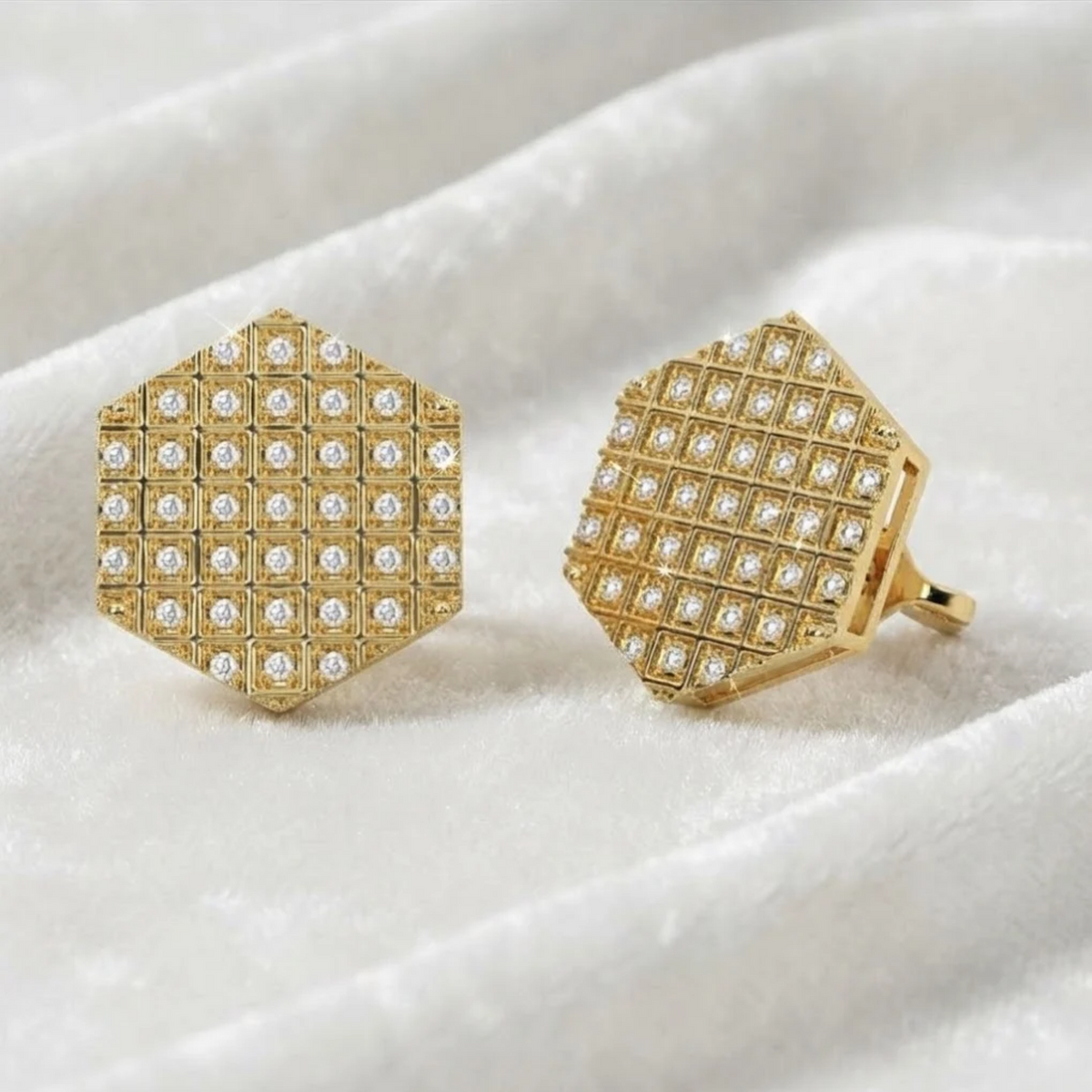 Hexagon Halo Round Diamonds Stud Earrings