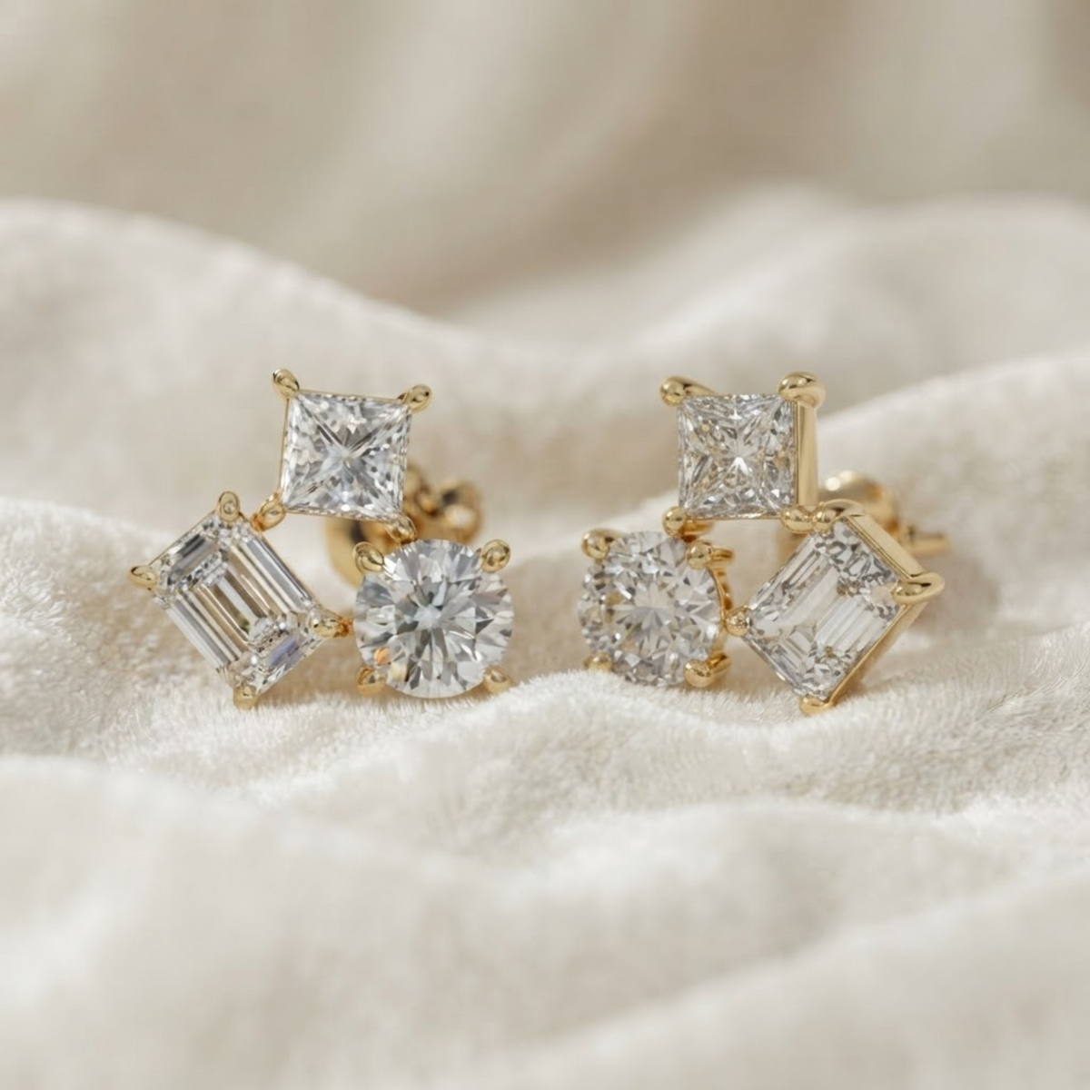 Three Stone Multi Shape Lab Grown Dainty Stud Earrings