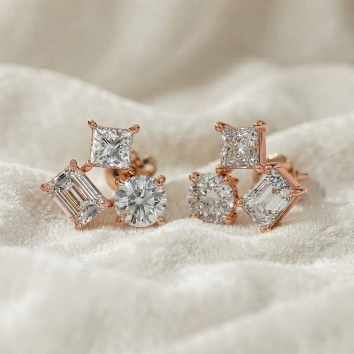 Three Stone Multi Shape Lab Grown Dainty Stud Earrings