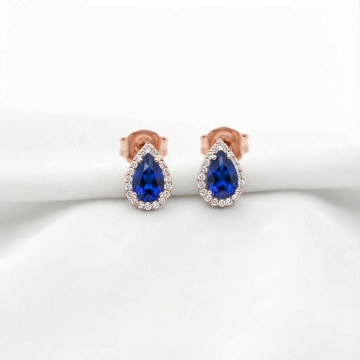 Gold Pear Sapphire Earrings, Blue Stud Earrings.