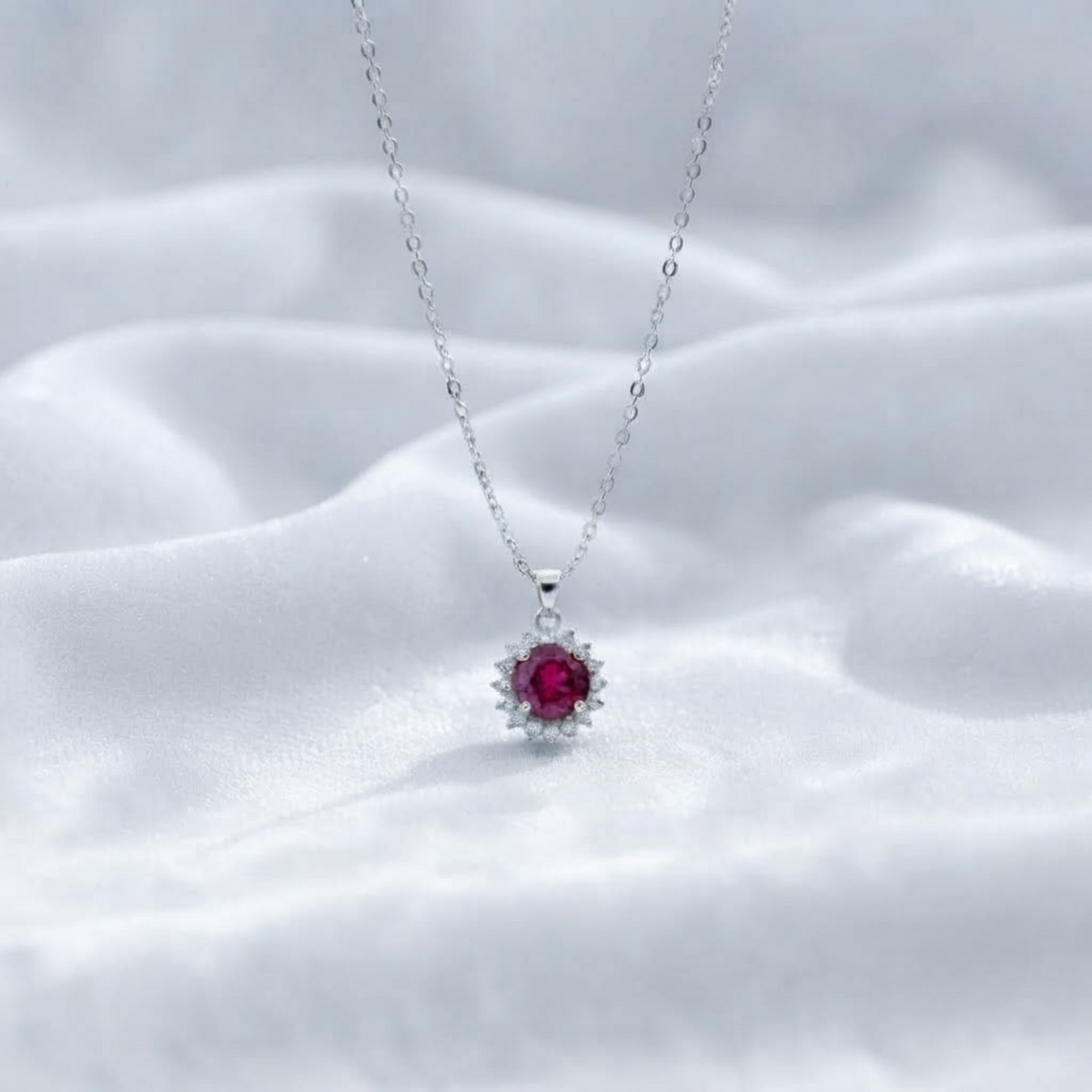 Red Ruby Pendant with Round Diamond for Woman