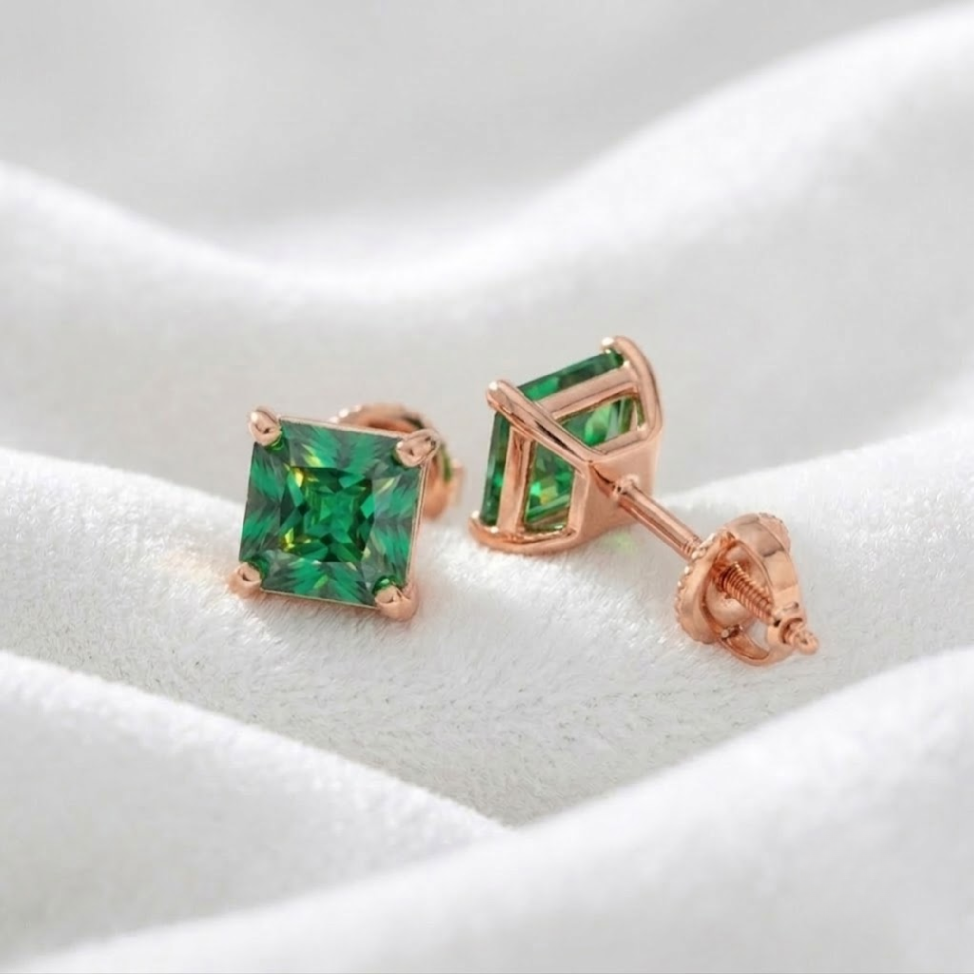 14K Smaragd-Ohrstecker mit quadratischem Schliff, 14K Massivgold, Geburtsstein Mai