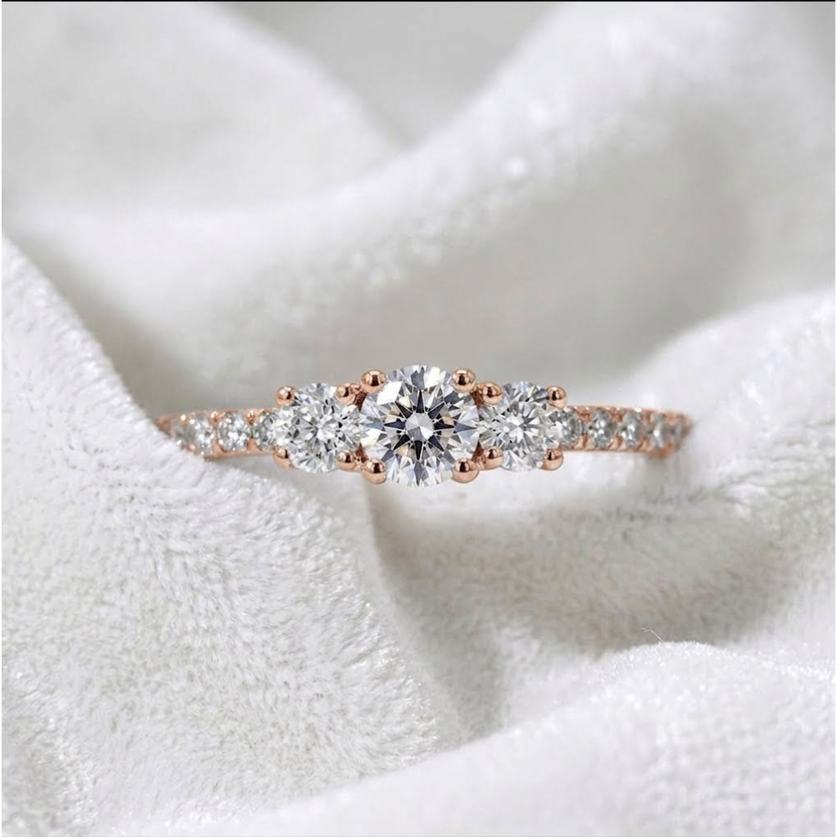 3 Stone Round Cut Pave Set Engagement Ring