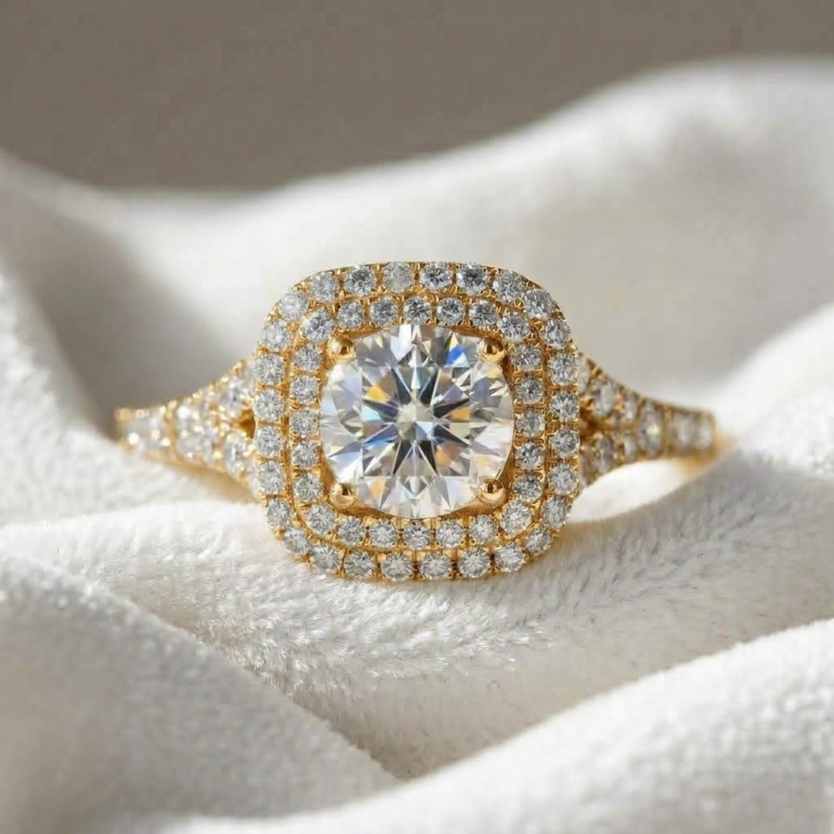 Cushion Cut Solitaire Double Halo Engagement Ring