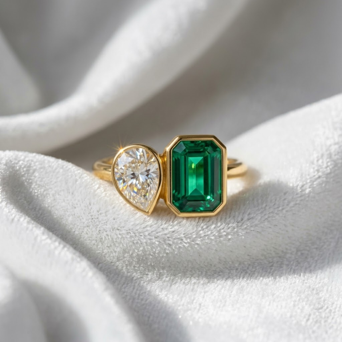 Bezel Set Lab Grown Pear & Emerald Engagement Ring